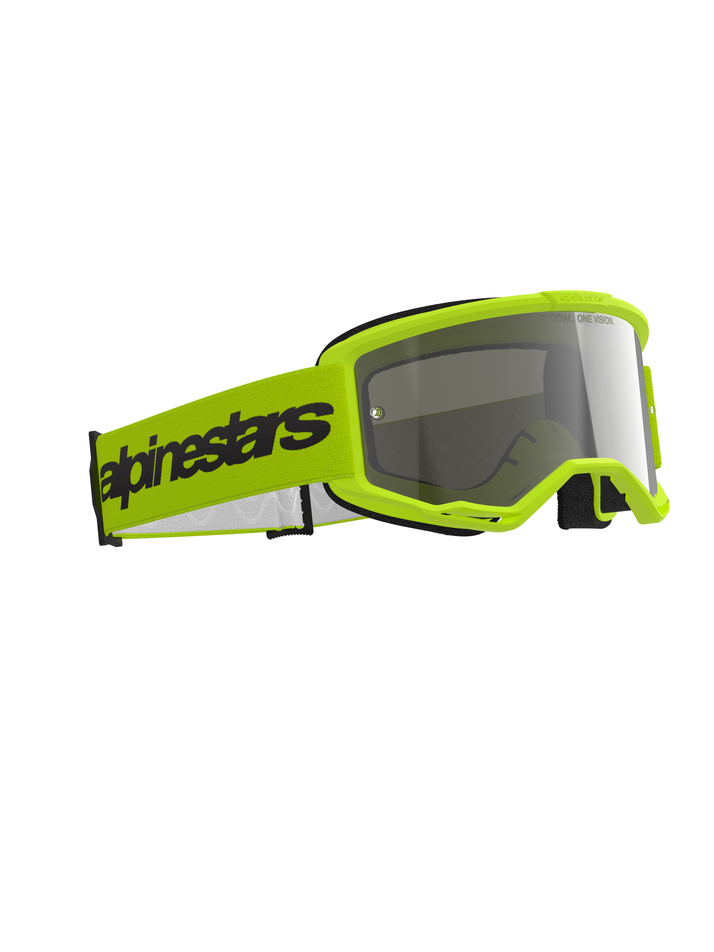 Alpinestars Vision 3 Wordmark motorcrossbril, fluo geel en mirror silver, felgeel frame met reflecterende zilveren lens, brede gele band met zwarte Alpinestars-branding