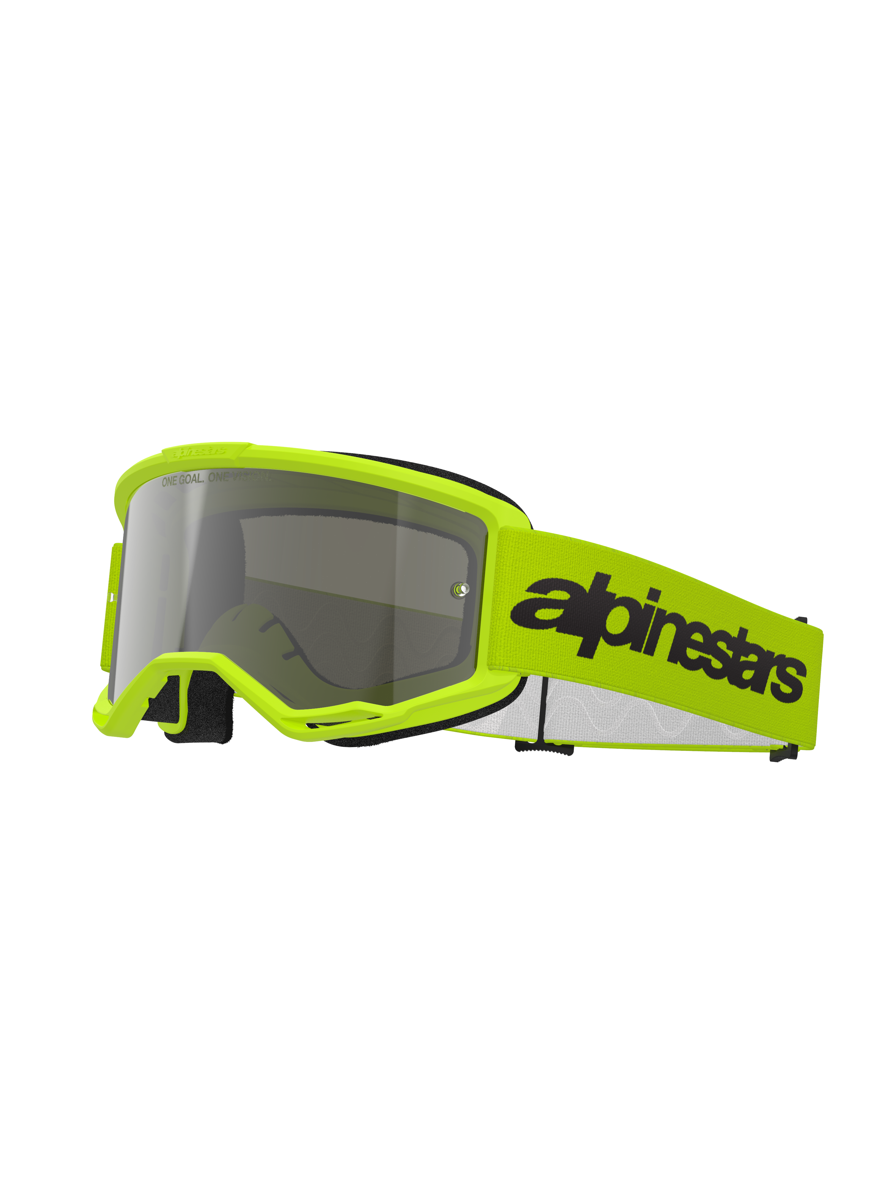 Alpinestars Vision 3 Wordmark Goggles, motorcrossbril, fluorgeel en zilveren spiegelglas, voorzien van een felgeel frame en band met een opvallend zwart Alpinestars-logo, hoogwaardige oogbescherming voor off-road racen