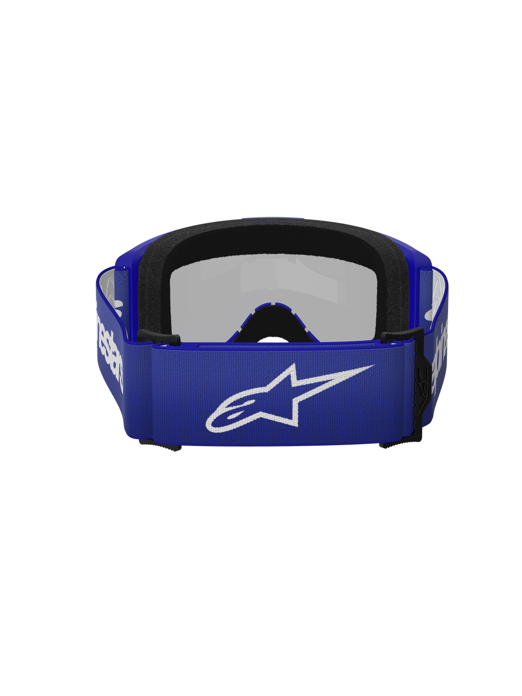 Alpinestars Vision 3 Wordmark Goggles, motorcrossbril, Blue Mirror Silver, achteraanzicht met blauwe geweven band met wit Alpinestars-logo en dubbellaags zwart gezichtsschuim