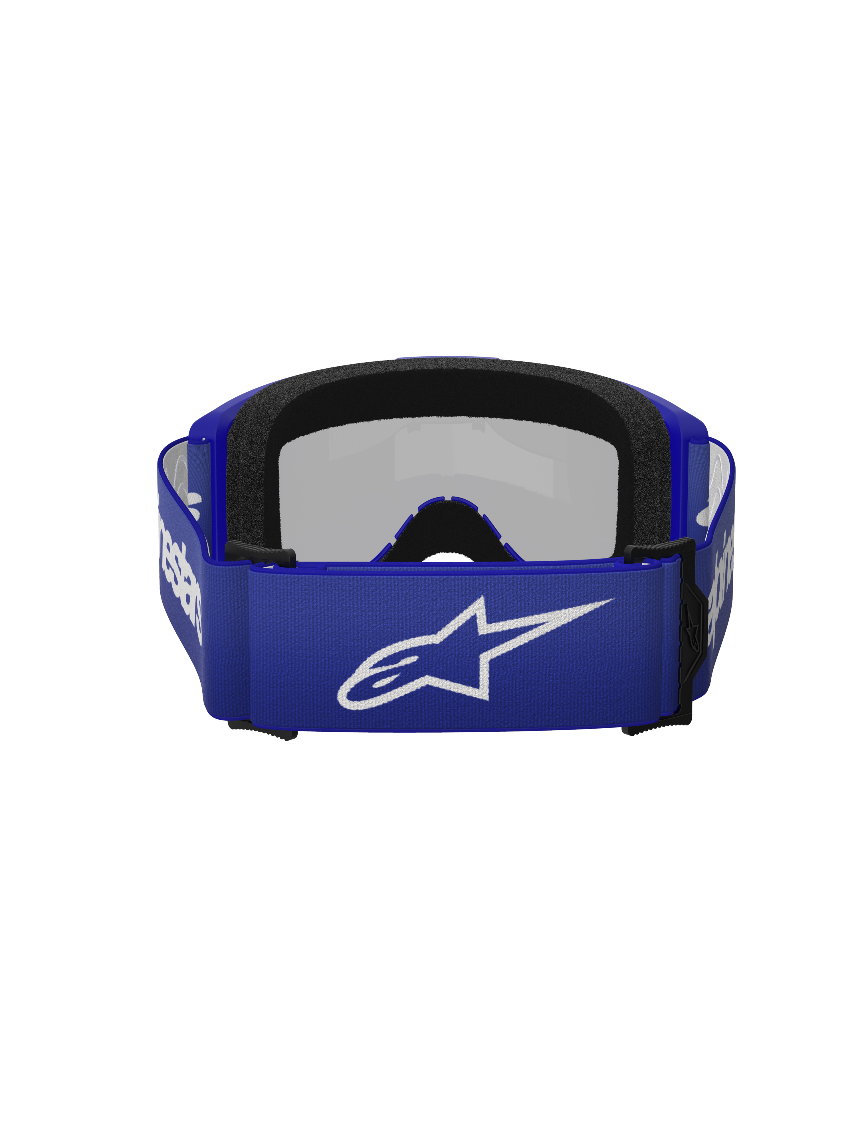 Alpinestars Vision 3 Wordmark Goggles, motorcrossbril, Blue Mirror Silver, achteraanzicht met blauwe geweven band met wit Alpinestars-logo en dubbellaags zwart gezichtsschuim