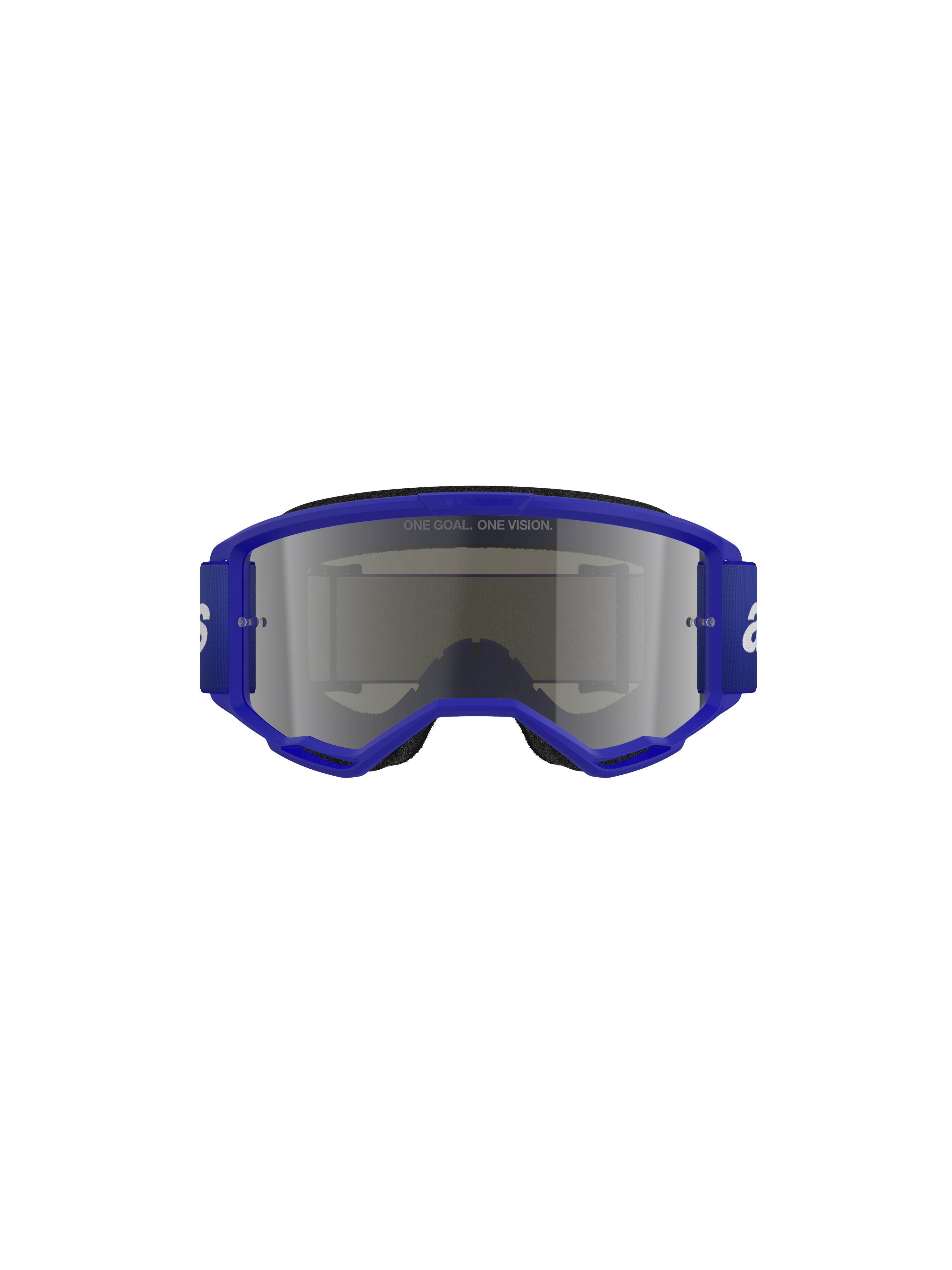 Alpinestars Vision 3 Wordmark Goggles, motorcrossbril, blauw en zilver spiegelend, met een felblauw frame en brede band met wit woordmerk, zilveren spiegelende lens met 'ONE GOAL. ONE VISION.' tekst, professionele off-road oogbescherming.
