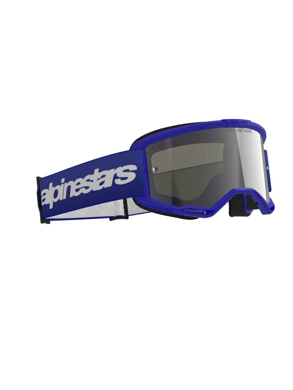 Alpinestars Vision 3 Wordmark motorcrossbril, crossbril, blauw met zilveren spiegelende lens, voorzien van een blauw frame en brede blauwe band met een wit wordmark-logo, duurzaam ontwerp voor off-road racing