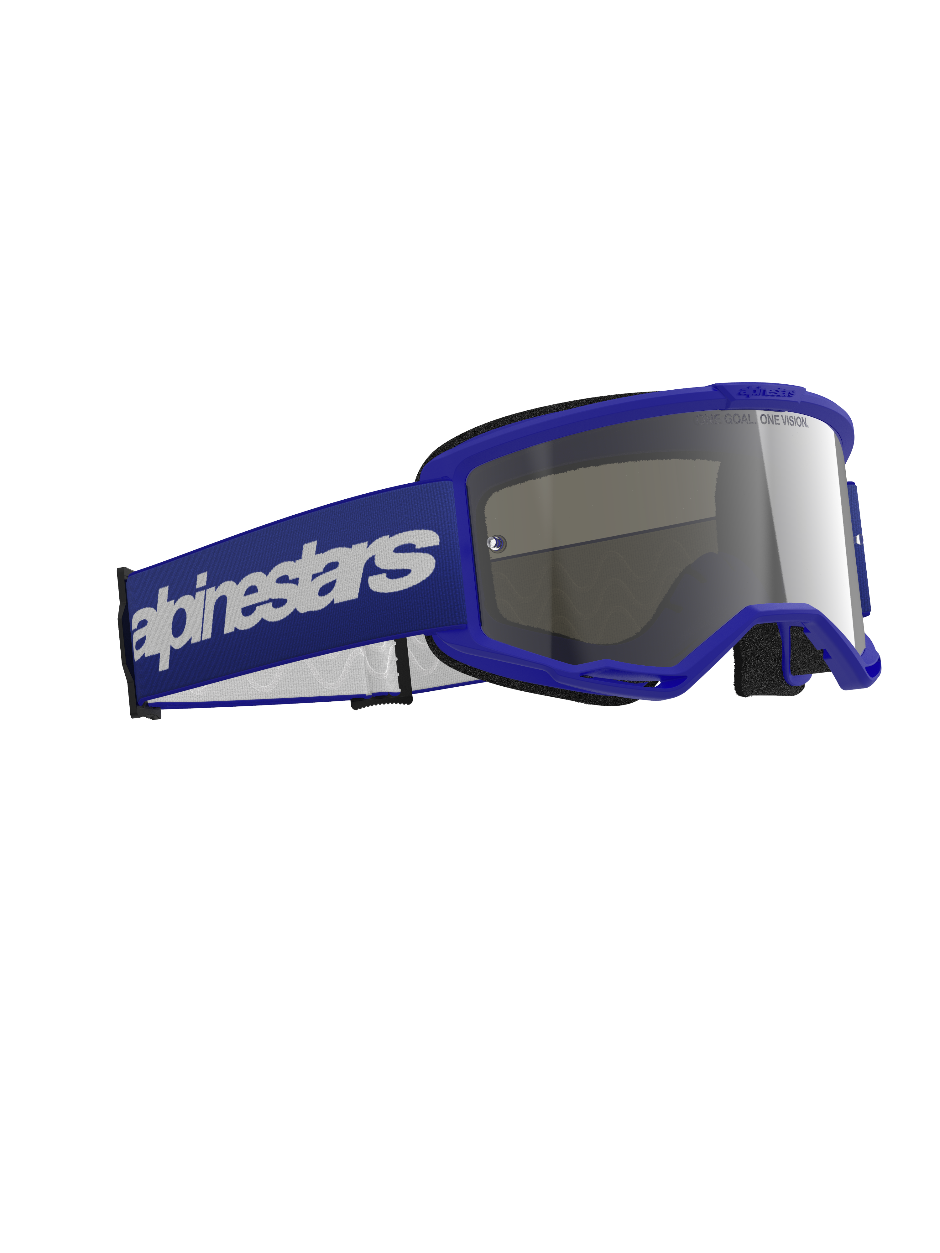 Alpinestars Vision 3 Wordmark motorcrossbril, crossbril, blauw met zilveren spiegelende lens, voorzien van een blauw frame en brede blauwe band met een wit wordmark-logo, duurzaam ontwerp voor off-road racing