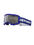 Alpinestars Vision 3 Wordmark crossbril, motorcrossbril, blauw frame met zilveren spiegelende lens, brede verstelbare blauwe band met wit Alpinestars wordmark logo, zwart gezichtsschuim, beschermende bril voor off-road en dirtbike rijden