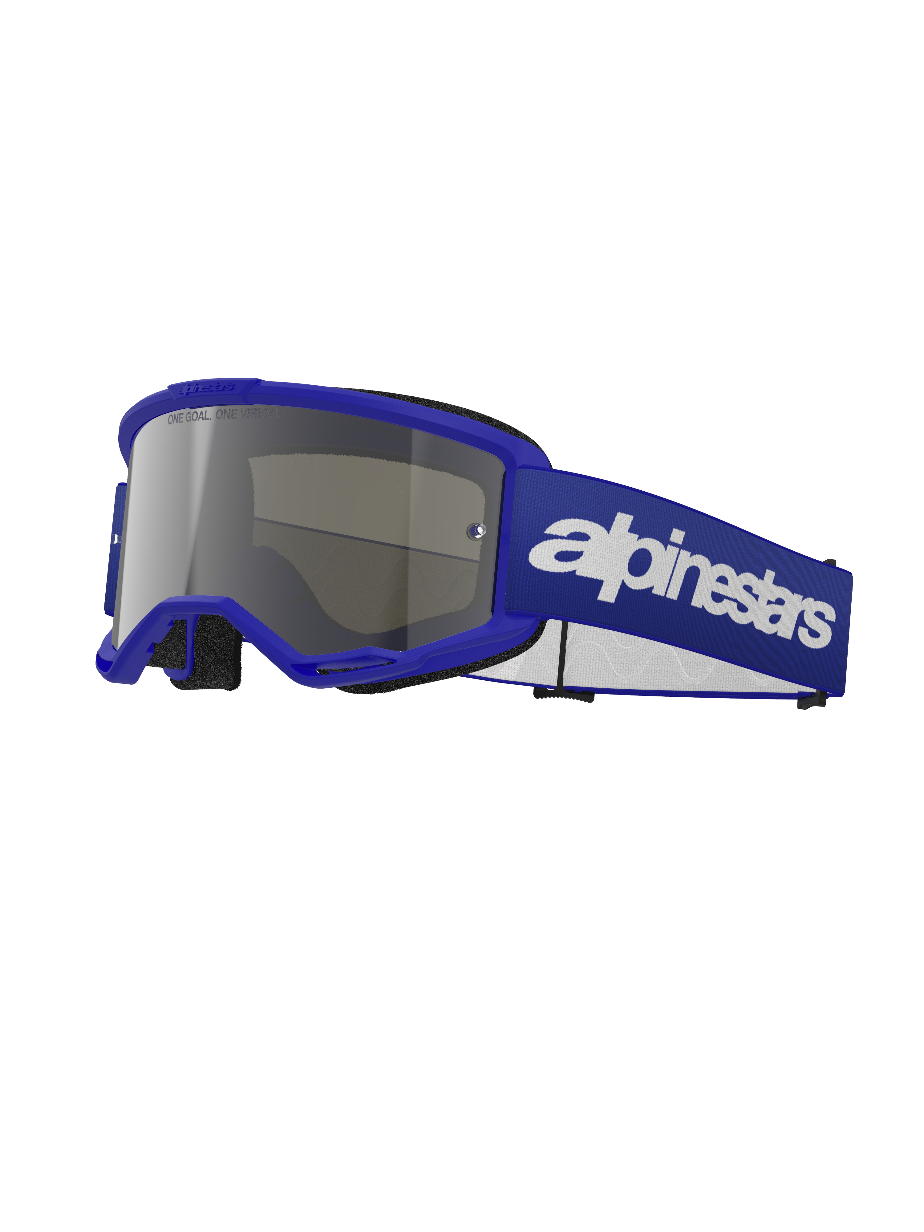 Alpinestars Vision 3 Wordmark crossbril, motorcrossbril, blauw frame met zilveren spiegelende lens, brede verstelbare blauwe band met wit Alpinestars wordmark logo, zwart gezichtsschuim, beschermende bril voor off-road en dirtbike rijden