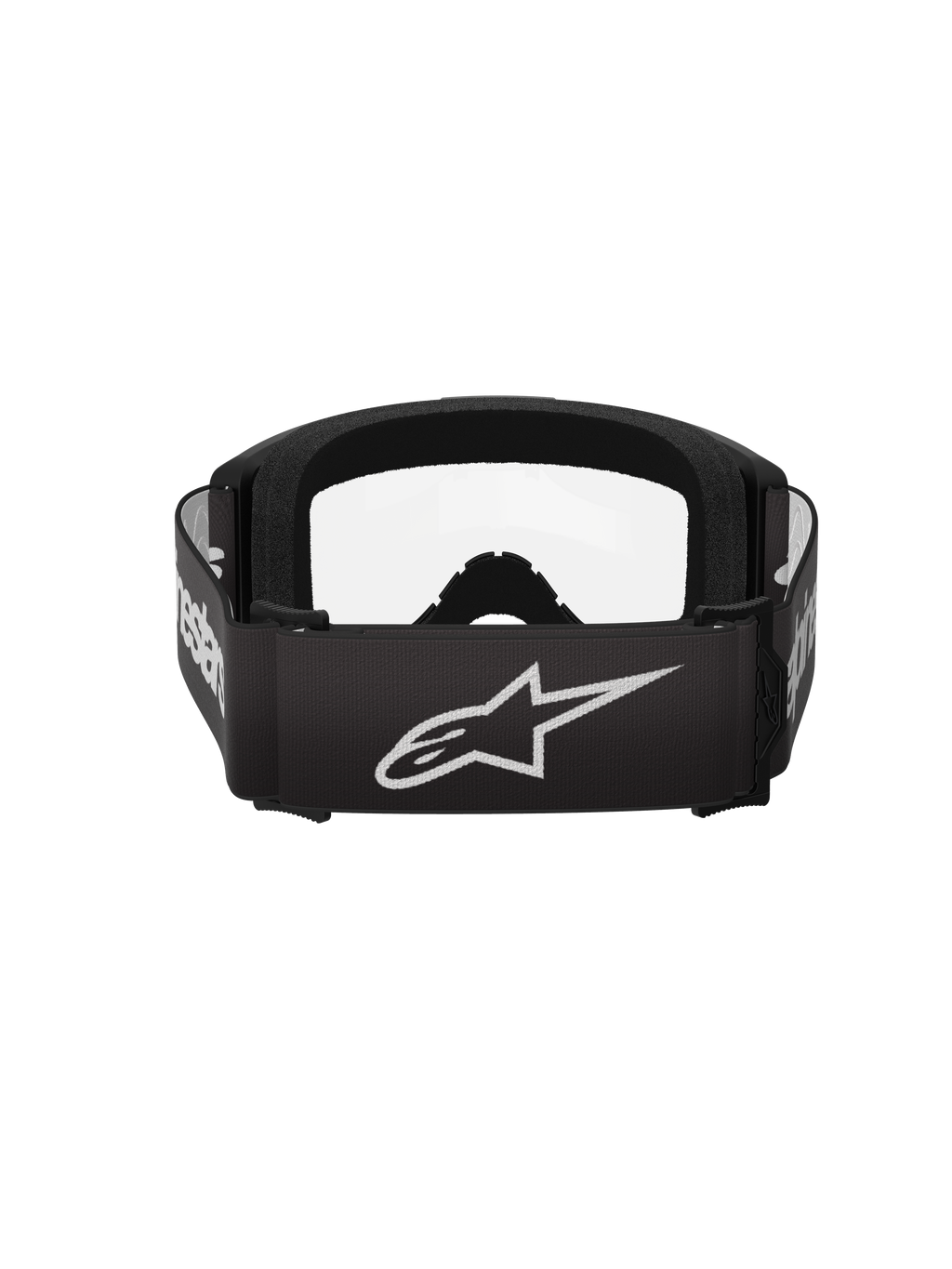 Alpinestars Vision 3 Wordmark Goggles, motorcrossbril, zwart en helder, achteraanzicht met een brede zwarte band met wit Alpinestars sterlogo en woordmerk, dik zwart gezichtsschuim en heldere lens.