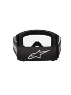Alpinestars Vision 3 Wordmark Goggles, motorcrossbril, zwart en helder, achteraanzicht met een brede zwarte band met wit Alpinestars sterlogo en woordmerk, dik zwart gezichtsschuim en heldere lens.