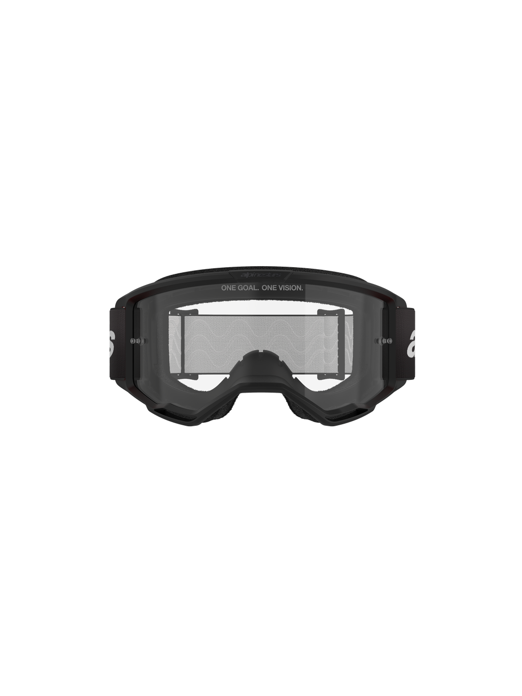 Alpinestars Vision 3 Wordmark Goggles, motorcrossbril, zwart en helder, vooraanzicht met heldere anti-condens lens, A-FLEX-frame, zwarte band met wit Alpinestars-logo en 'ONE GOAL. ONE VISION.' slogandetail.