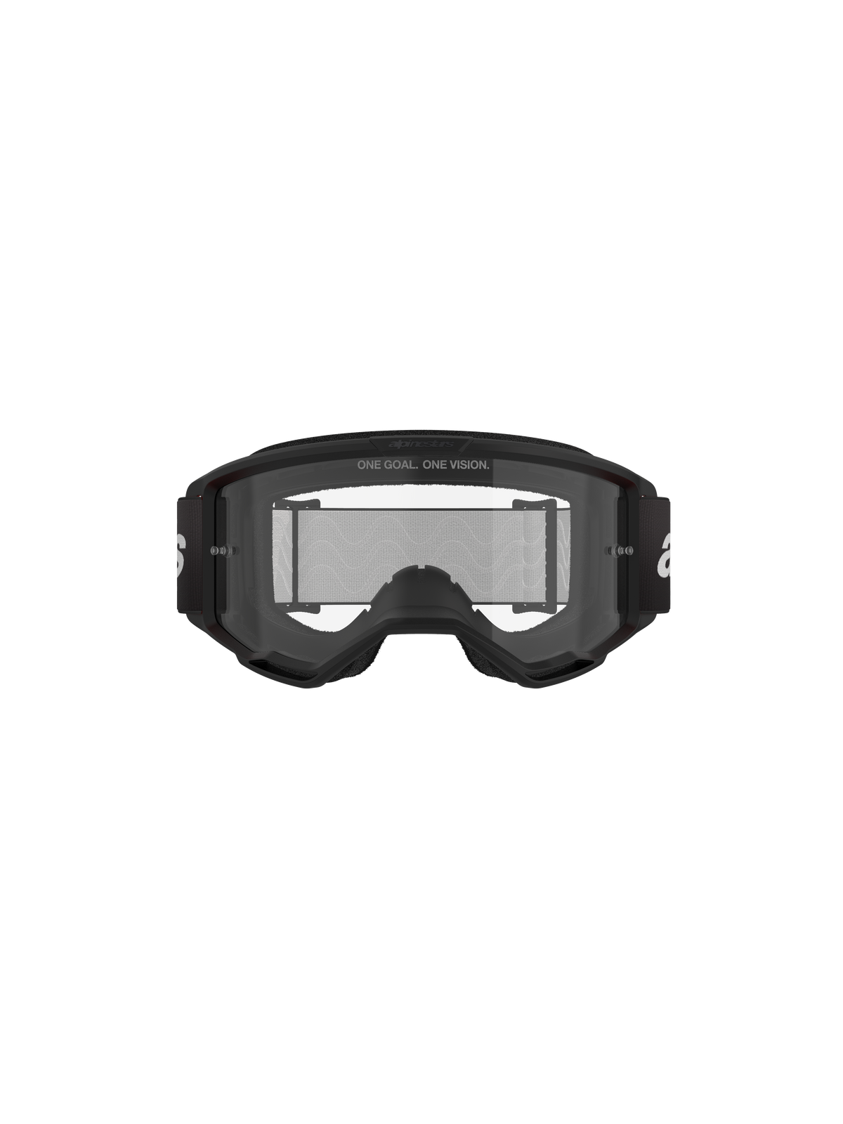 Alpinestars Vision 3 Wordmark Goggles, motorcrossbril, zwart en helder, vooraanzicht met heldere anti-condens lens, A-FLEX-frame, zwarte band met wit Alpinestars-logo en 'ONE GOAL. ONE VISION.' slogandetail.