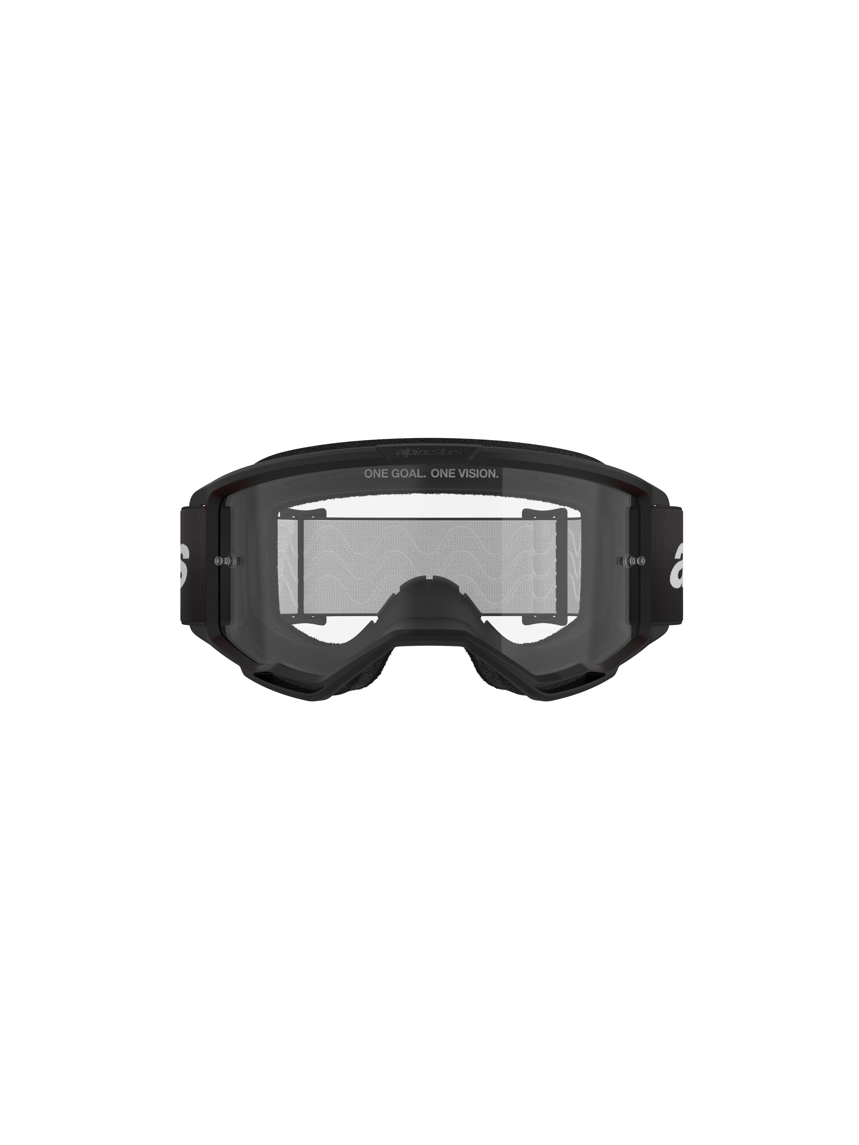Alpinestars Vision 3 Wordmark Goggles, motorcrossbril, zwart en helder, vooraanzicht met heldere anti-condens lens, A-FLEX-frame, zwarte band met wit Alpinestars-logo en 'ONE GOAL. ONE VISION.' slogandetail.