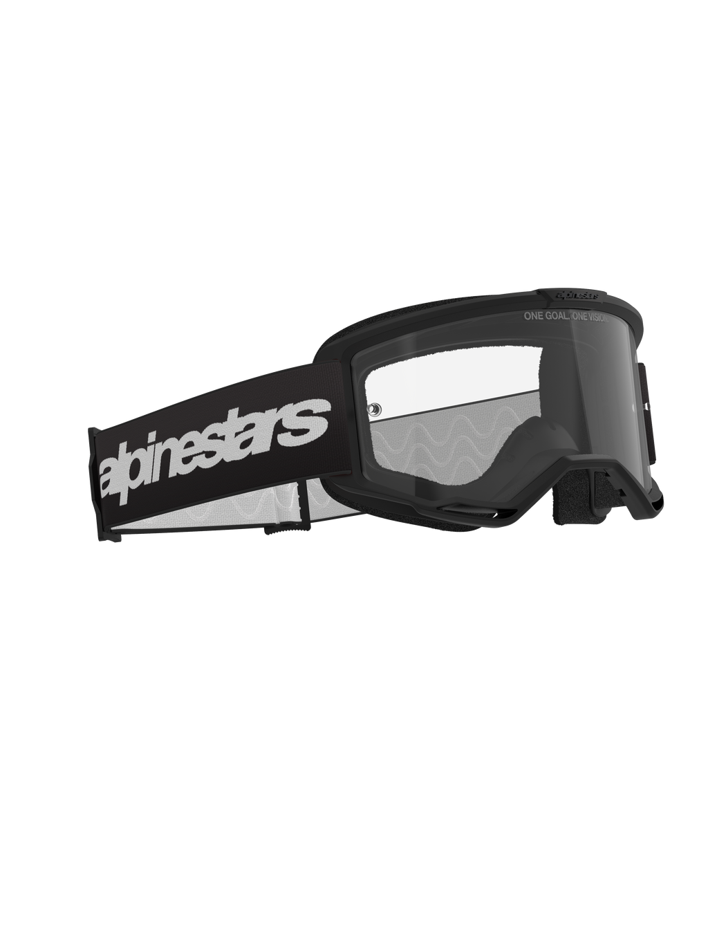 Alpinestars Vision 3 Wordmark Goggles, motorcrossbril, zwart en helder, voorzien van een brede zwarte band met een opvallend wit wordmark-logo, heldere anticondenslens met "ONE GOAL. ONE VISION." tekst, strak performance-ontwerp voor off-road racen
