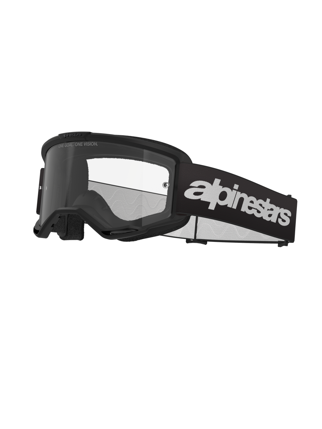 Alpinestars Vision 3 Wordmark crossbril, motorcrossbril, zwart en helder, met opvallende witte Alpinestars-branding op de band, een heldere lens met 'ONE GOAL. ONE VISION.' tekst en een strak, minimalistisch frameontwerp.