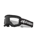 Alpinestars Vision 3 Wordmark crossbril, motorcrossbril, zwart en helder, met opvallende witte Alpinestars-branding op de band, een heldere lens met 'ONE GOAL. ONE VISION.' tekst en een strak, minimalistisch frameontwerp.
