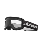 Alpinestars Vision 3 Wordmark crossbril, motorcrossbril, zwart en helder, met opvallende witte Alpinestars-branding op de band, een heldere lens met 'ONE GOAL. ONE VISION.' tekst en een strak, minimalistisch frameontwerp.