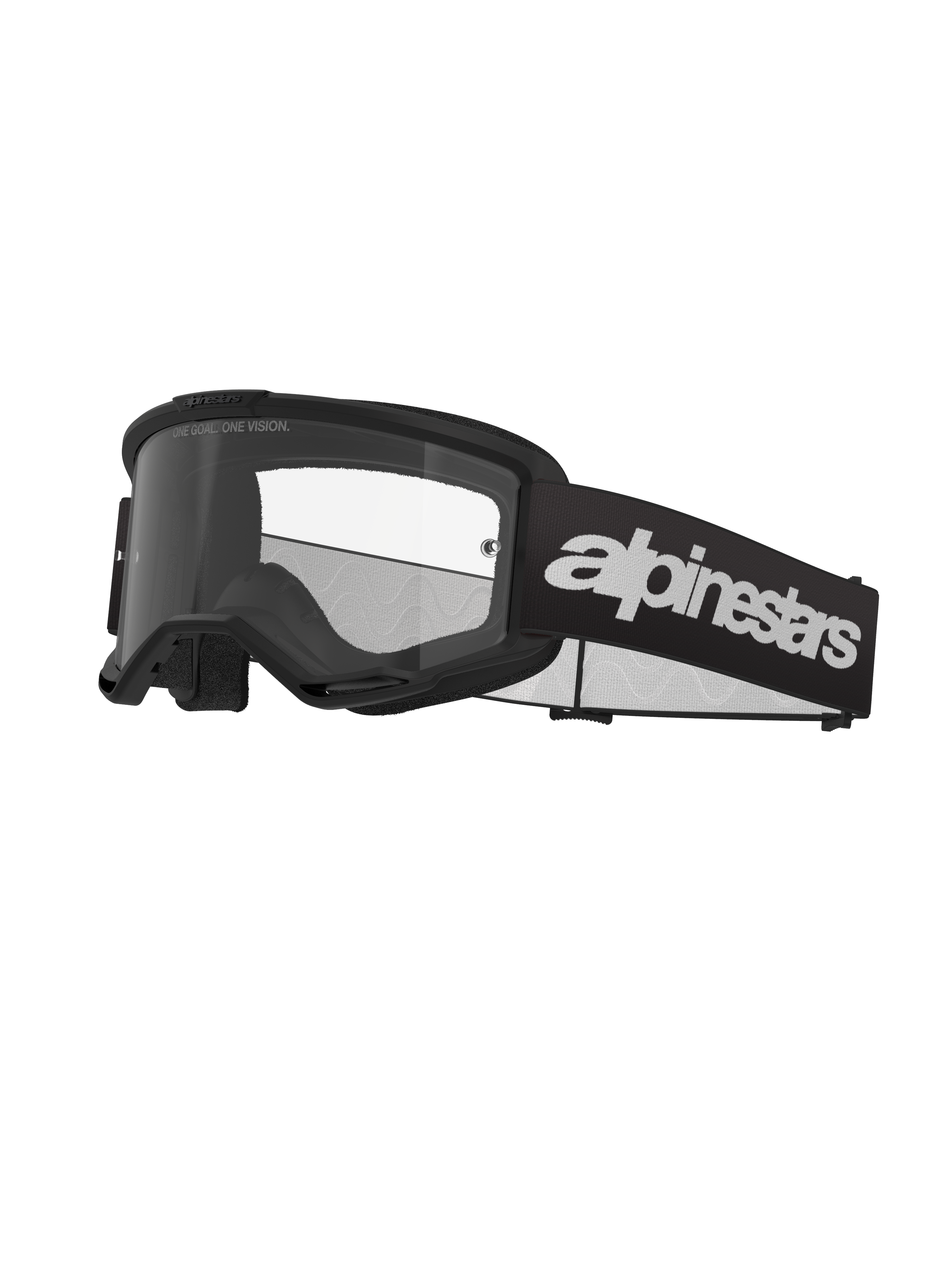Alpinestars Vision 3 Wordmark crossbril, motorcrossbril, zwart en helder, met opvallende witte Alpinestars-branding op de band, een heldere lens met 'ONE GOAL. ONE VISION.' tekst en een strak, minimalistisch frameontwerp.