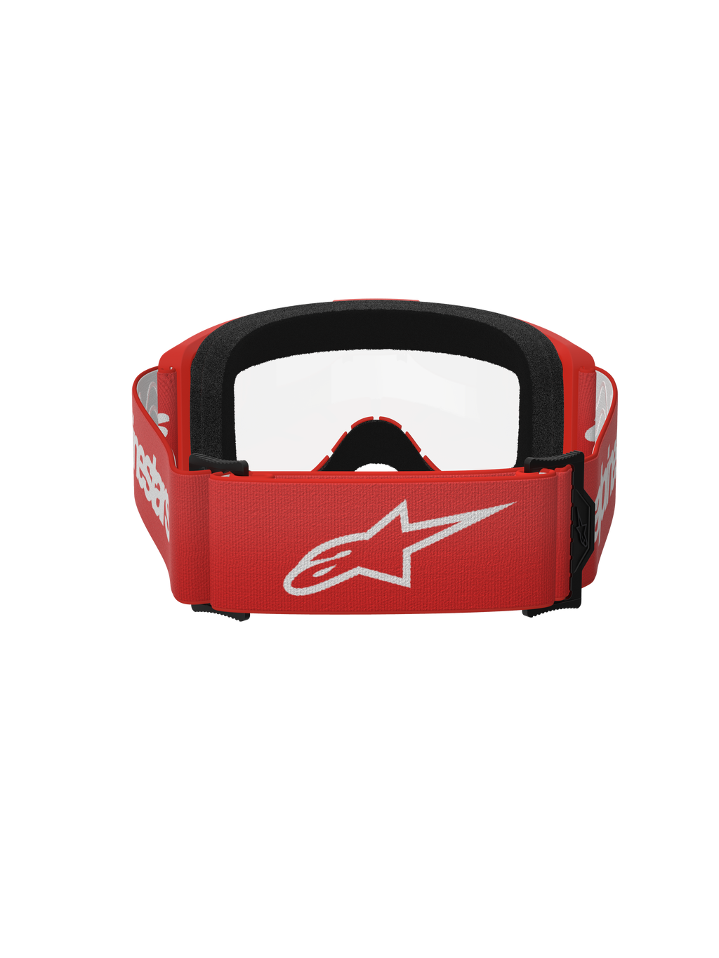 Alpinestars Vision 3 Wordmark goggles, motorcrossbril, rood en helder, achteraanzicht met rode geweven band met groot wit Alpinestars-logo en zwarte schuimvulling