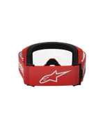 Alpinestars Vision 3 Wordmark goggles, motorcrossbril, rood en helder, achteraanzicht met rode geweven band met groot wit Alpinestars-logo en zwarte schuimvulling