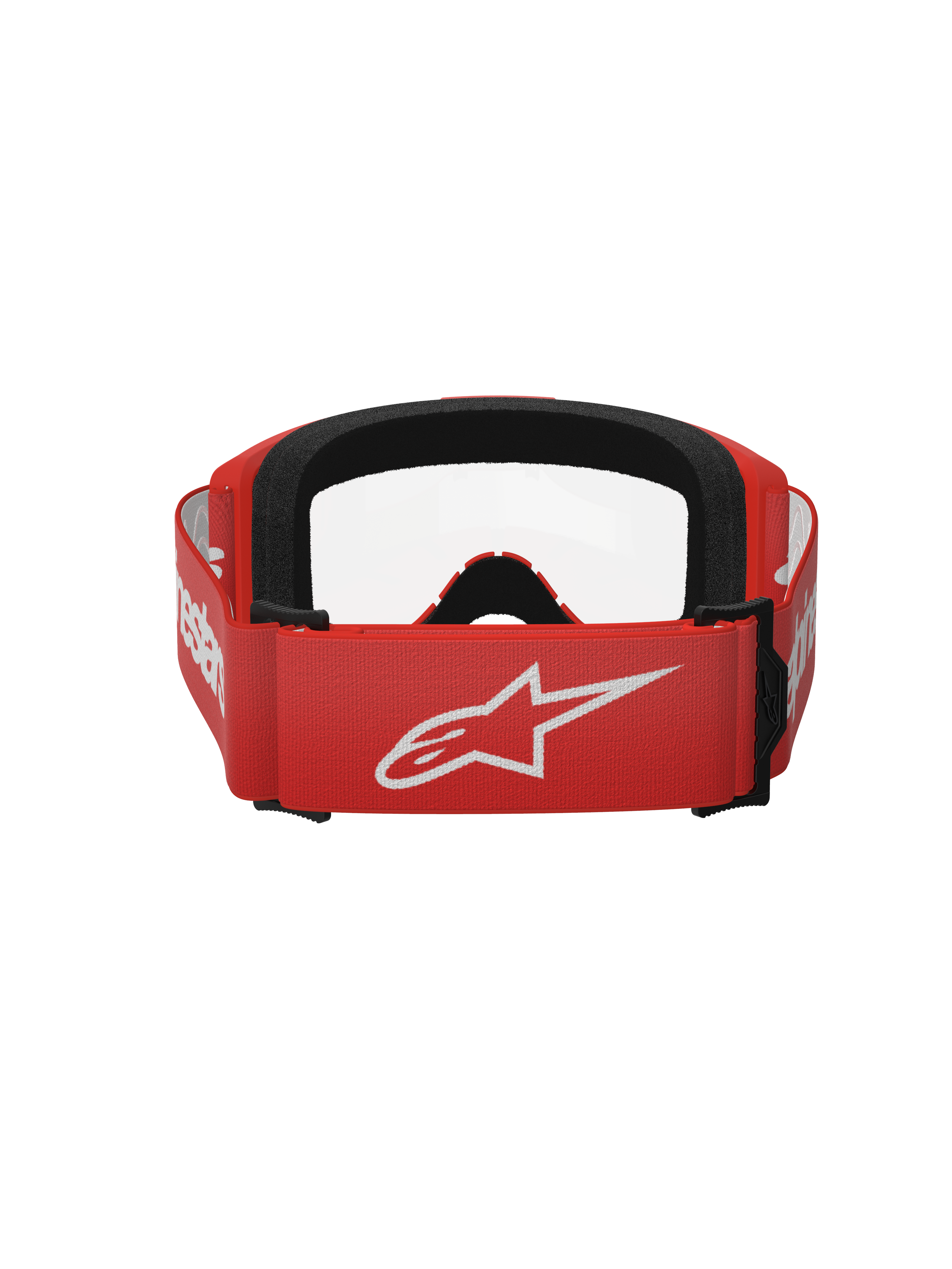 Alpinestars Vision 3 Wordmark goggles, motorcrossbril, rood en helder, achteraanzicht met rode geweven band met groot wit Alpinestars-logo en zwarte schuimvulling