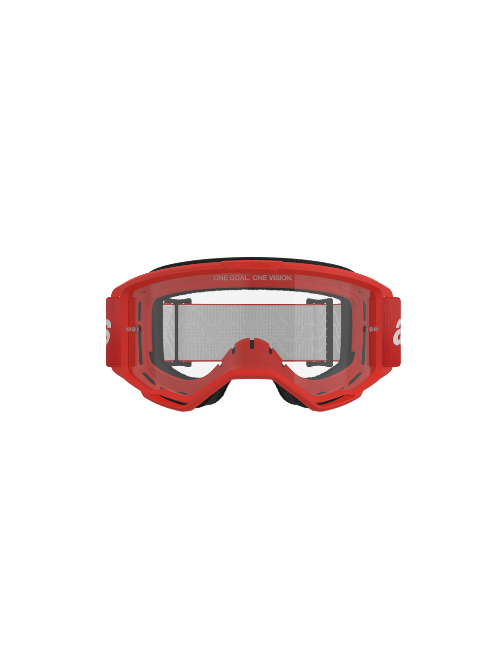 Alpinestars Vision 3 Wordmark Goggles, motorcrossbril, rood frame en heldere lens, rode geweven band met witte branding, 'ONE GOAL. ONE VISION.' tekst op de lens, vooraanzicht studio-opname op zwarte achtergrond