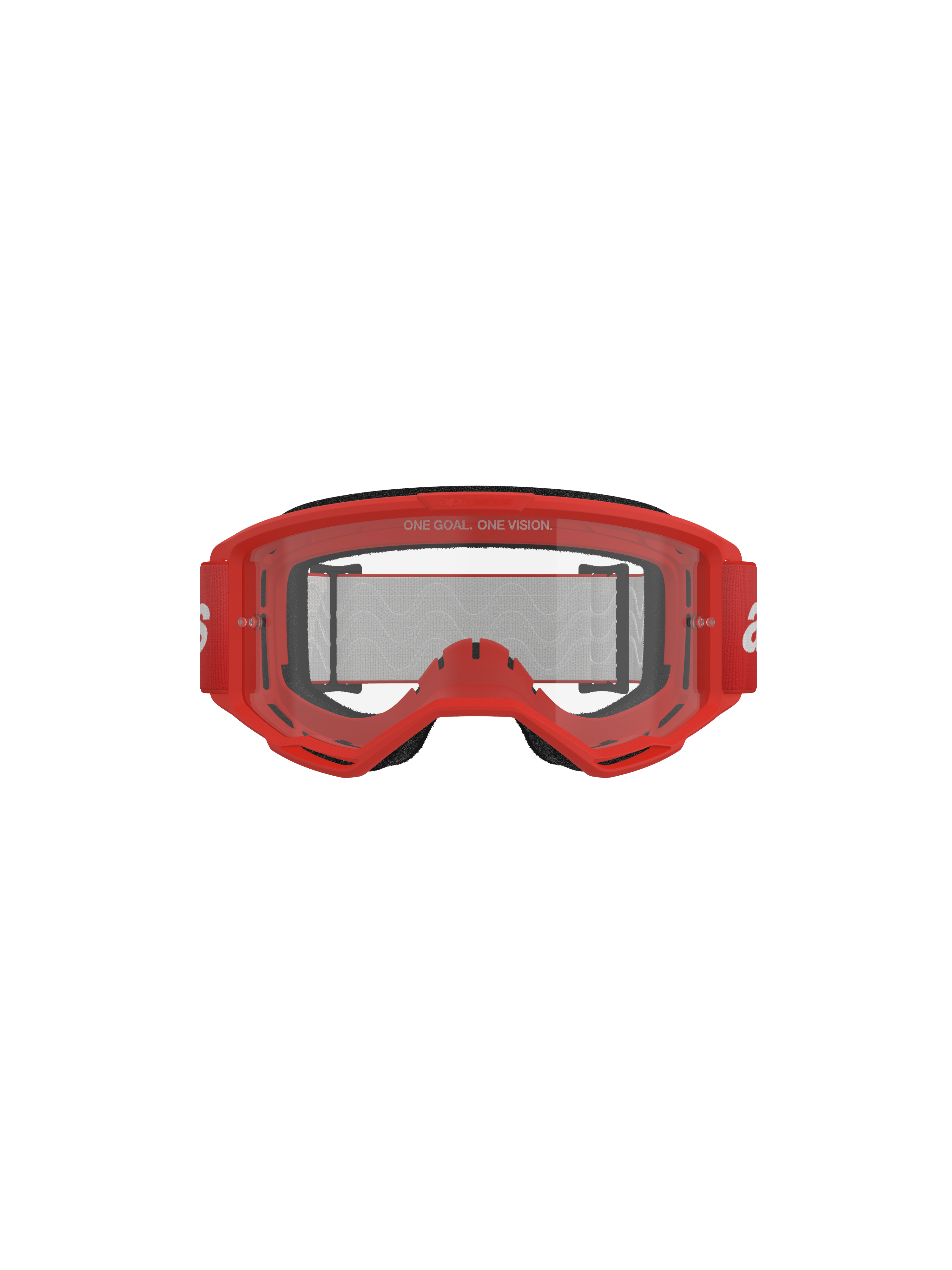 Alpinestars Vision 3 Wordmark Goggles, motorcrossbril, rood frame en heldere lens, rode geweven band met witte branding, 'ONE GOAL. ONE VISION.' tekst op de lens, vooraanzicht studio-opname op zwarte achtergrond