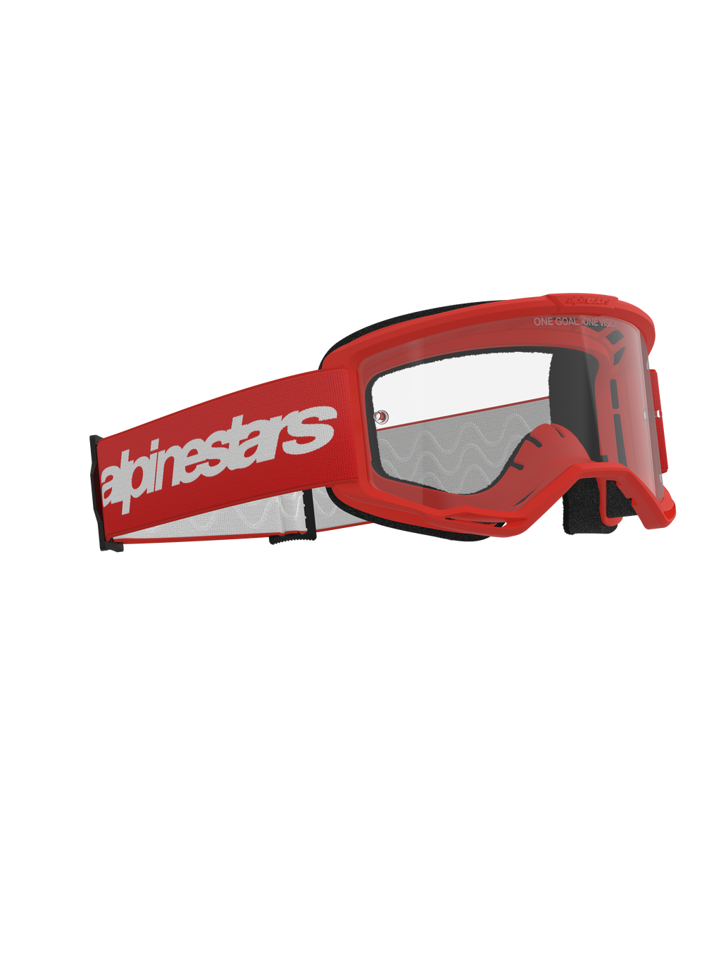 Alpinestars Vision 3 Wordmark Goggles, motorcrossbril, rood met heldere lens, met een rood frame en een brede rode band met witte Alpinestars-branding, professionele off-road racebril