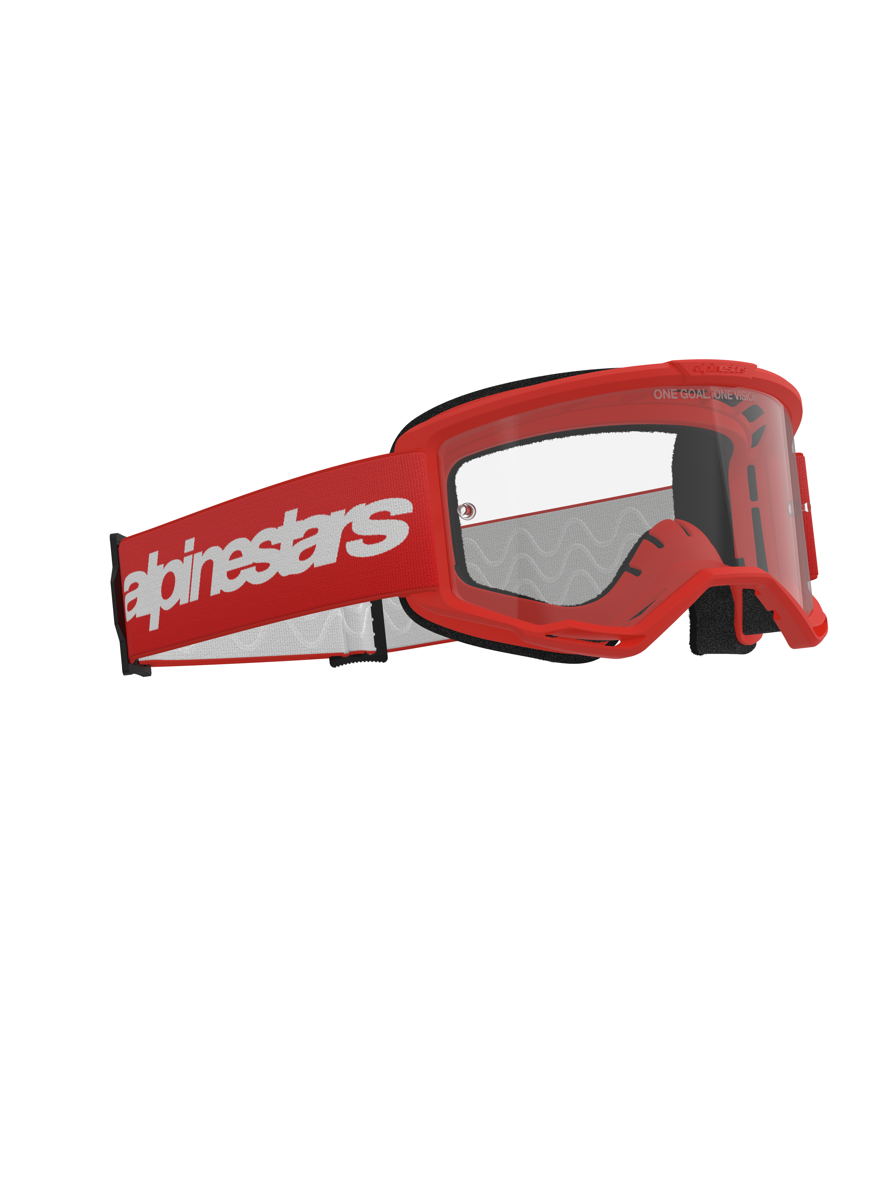 Alpinestars Vision 3 Wordmark Goggles, motorcrossbril, rood met heldere lens, met een rood frame en een brede rode band met witte Alpinestars-branding, professionele off-road racebril
