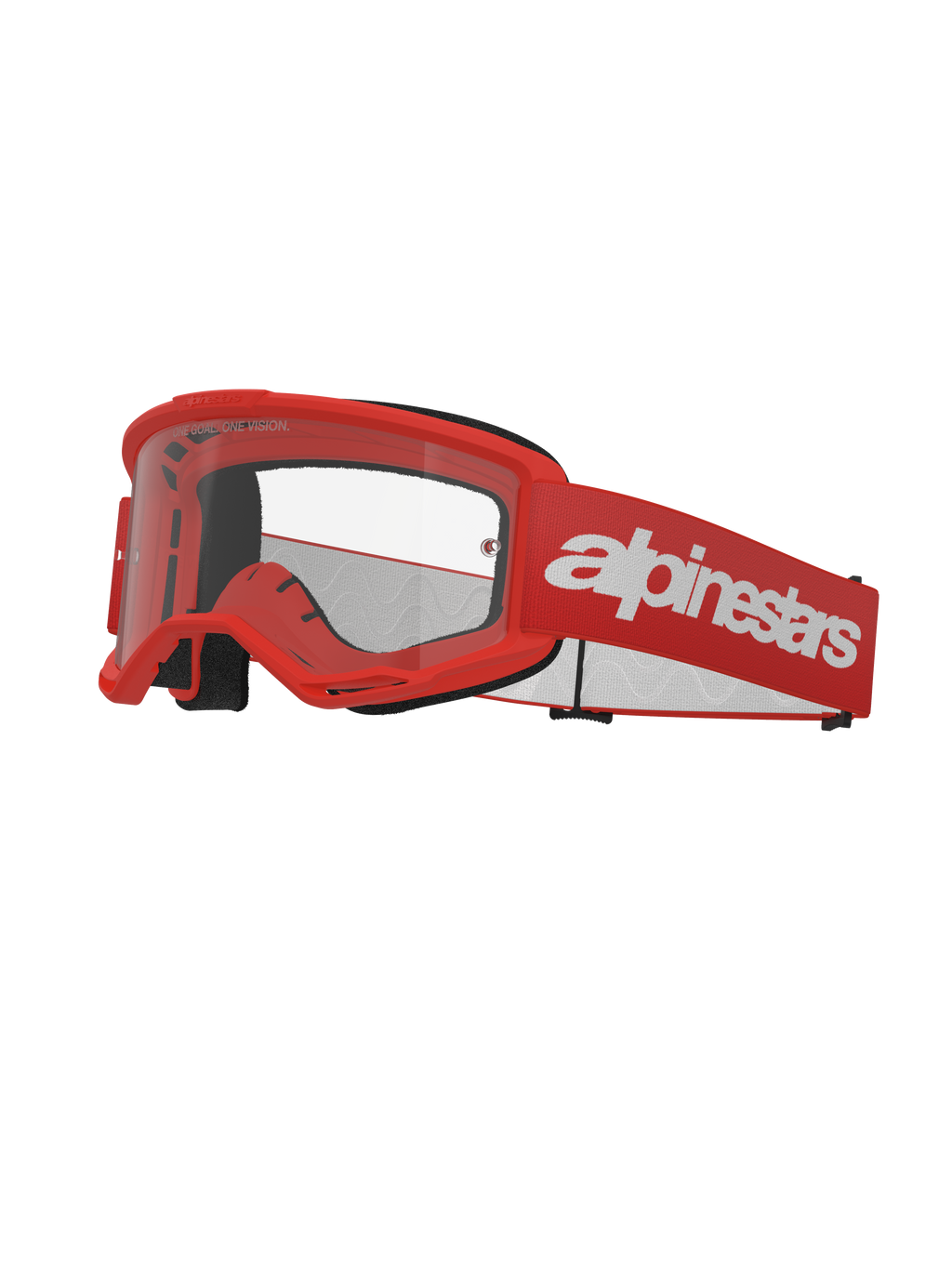 Alpinestars Vision 3 Wordmark motorcrossbril, rood en wit, heldere lens, voorzien van een brede rode band met opvallend wit logo, zwarte schuimvoering en een geventileerd A-FLEX-frame voor off-road racing.