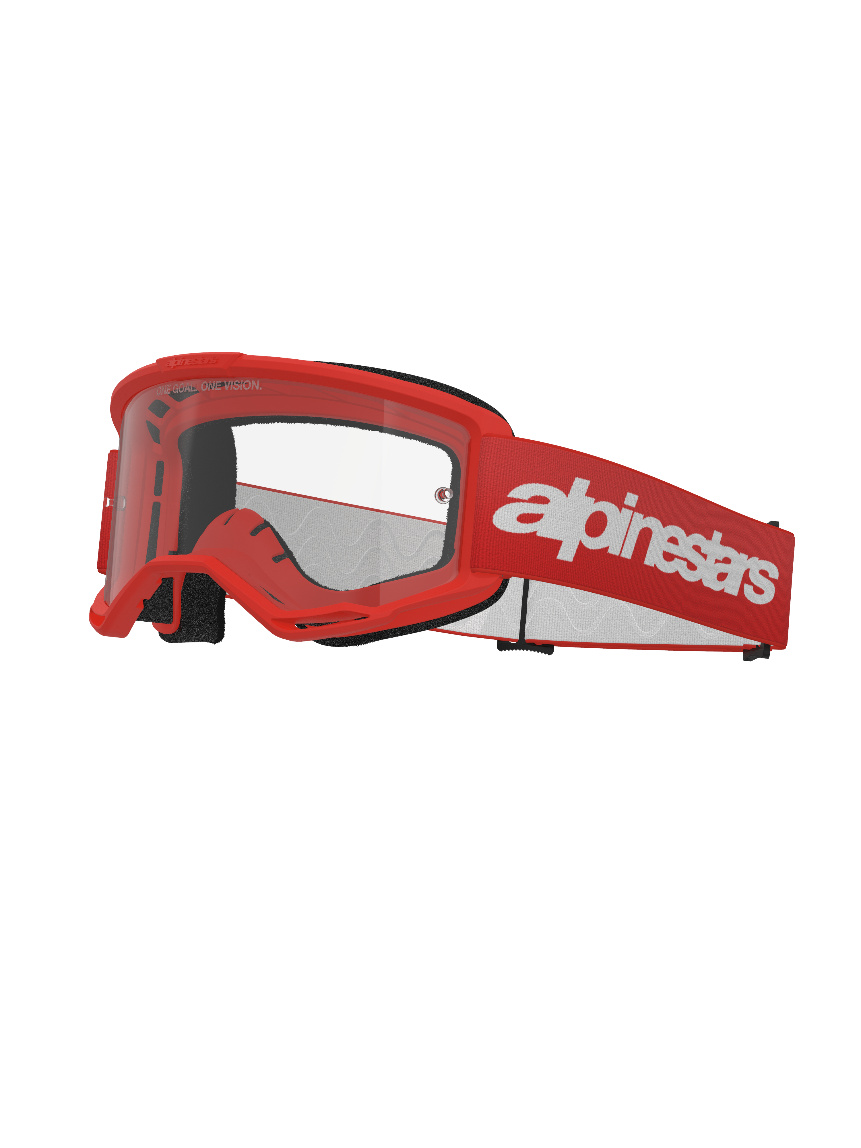 Alpinestars Vision 3 Wordmark motorcrossbril, rood en wit, heldere lens, voorzien van een brede rode band met opvallend wit logo, zwarte schuimvoering en een geventileerd A-FLEX-frame voor off-road racing.