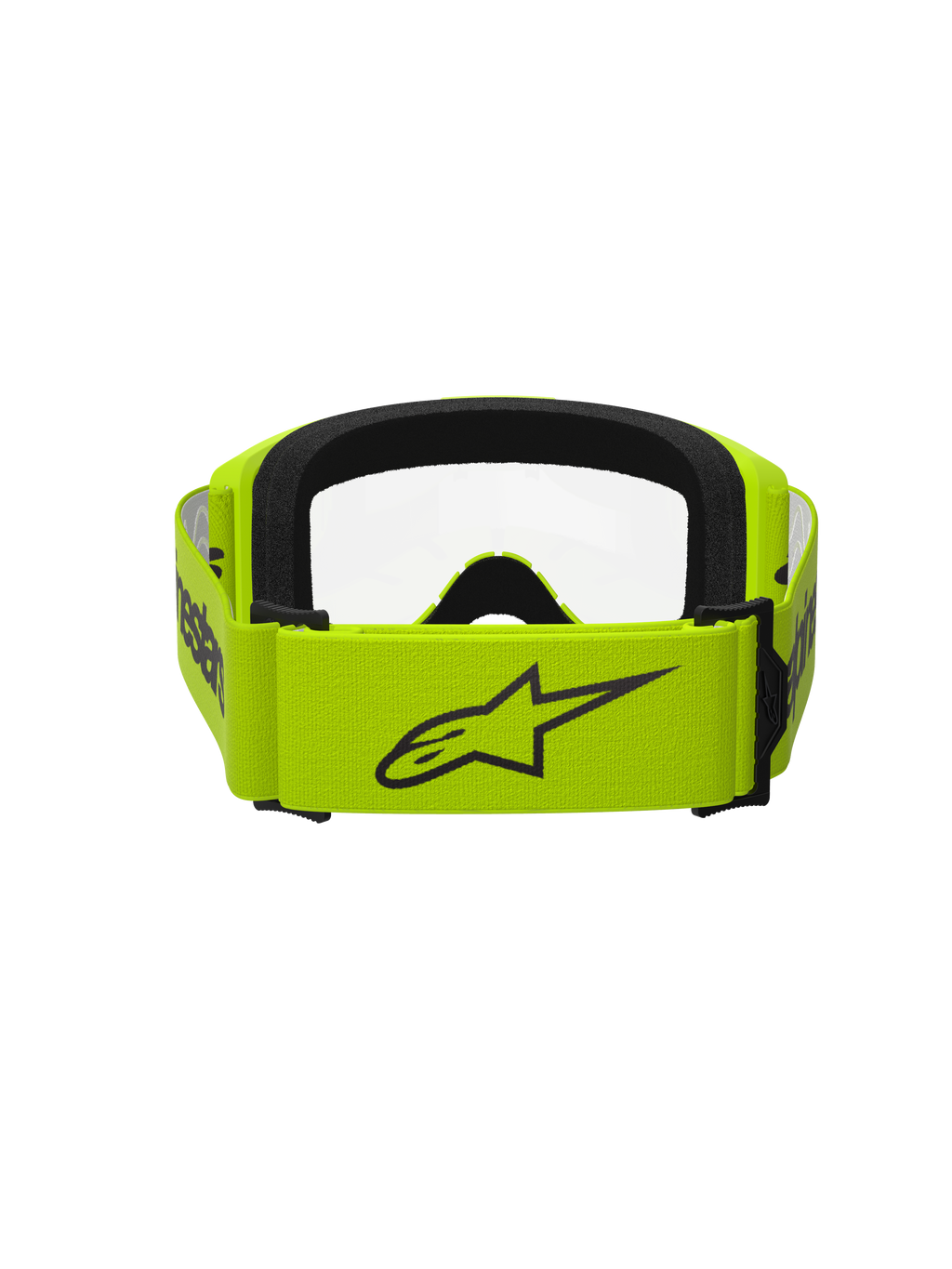 Alpinestars Vision 3 Wordmark goggles, motorcrossbril, fluoriserend geel met heldere lens, achteraanzicht met brede gele band en zwart Alpinestars-logo, zwarte schuimrubberen binnenkant, duurzaam ontwerp voor off-road racen