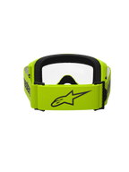 Alpinestars Vision 3 Wordmark goggles, motorcrossbril, fluoriserend geel met heldere lens, achteraanzicht met brede gele band en zwart Alpinestars-logo, zwarte schuimrubberen binnenkant, duurzaam ontwerp voor off-road racen