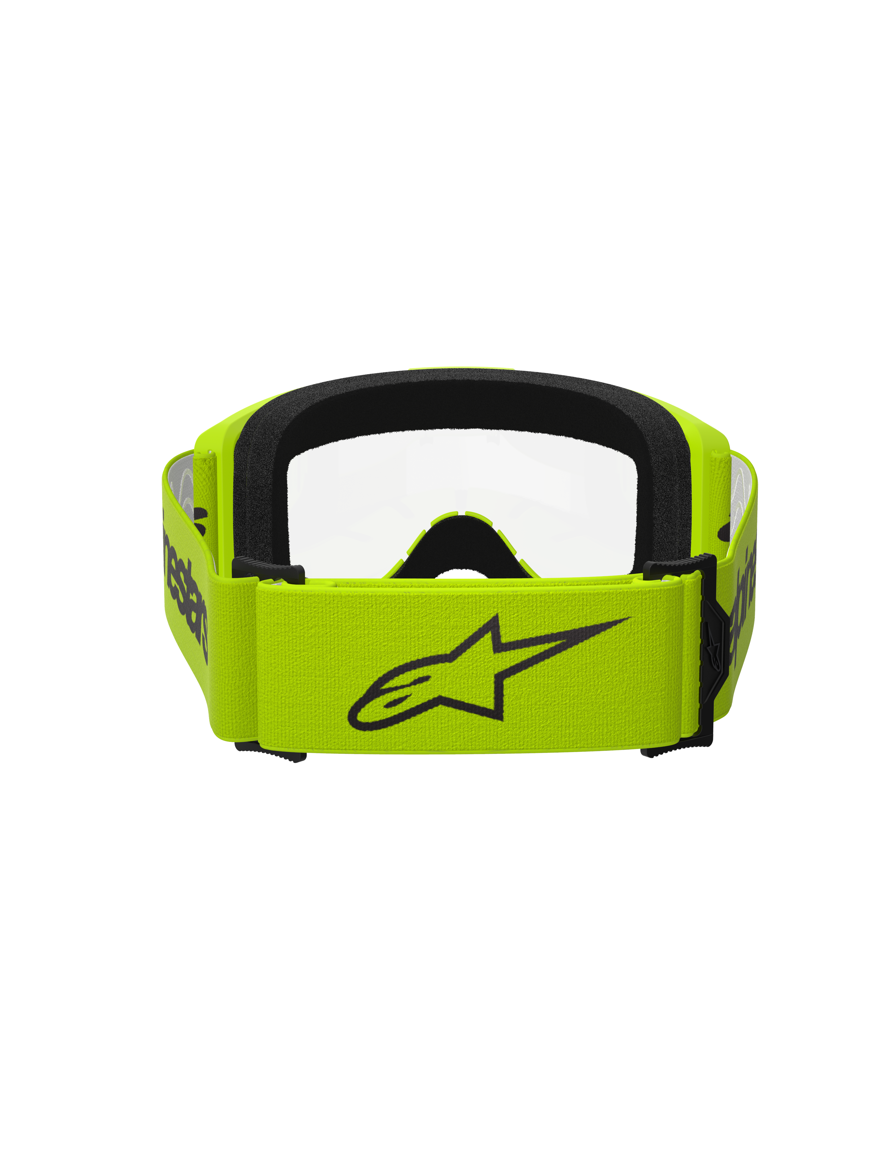 Alpinestars Vision 3 Wordmark goggles, motorcrossbril, fluoriserend geel met heldere lens, achteraanzicht met brede gele band en zwart Alpinestars-logo, zwarte schuimrubberen binnenkant, duurzaam ontwerp voor off-road racen