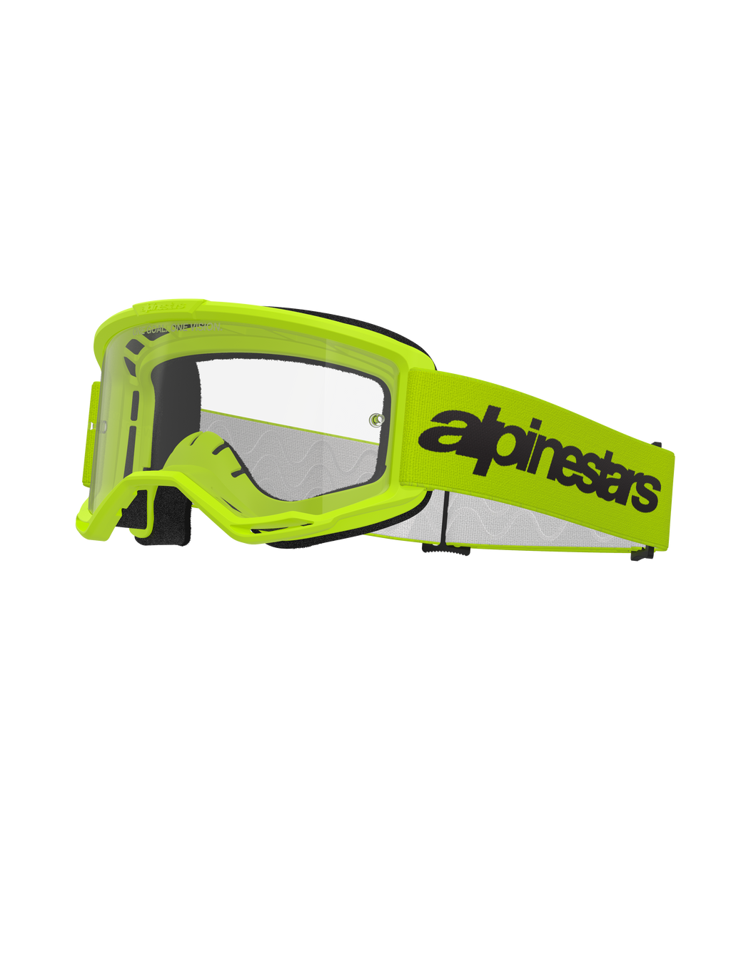 Alpinestars Vision 3 Wordmark crossbril, motorcrossbril, fluorgeel en zwart, heldere lens, brede gele band met opvallend zwart woordmerklogo, zwarte foamvulling, off-road motorcrossbril