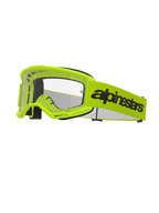 Alpinestars Vision 3 Wordmark crossbril, motorcrossbril, fluorgeel en zwart, heldere lens, brede gele band met opvallend zwart woordmerklogo, zwarte foamvulling, off-road motorcrossbril