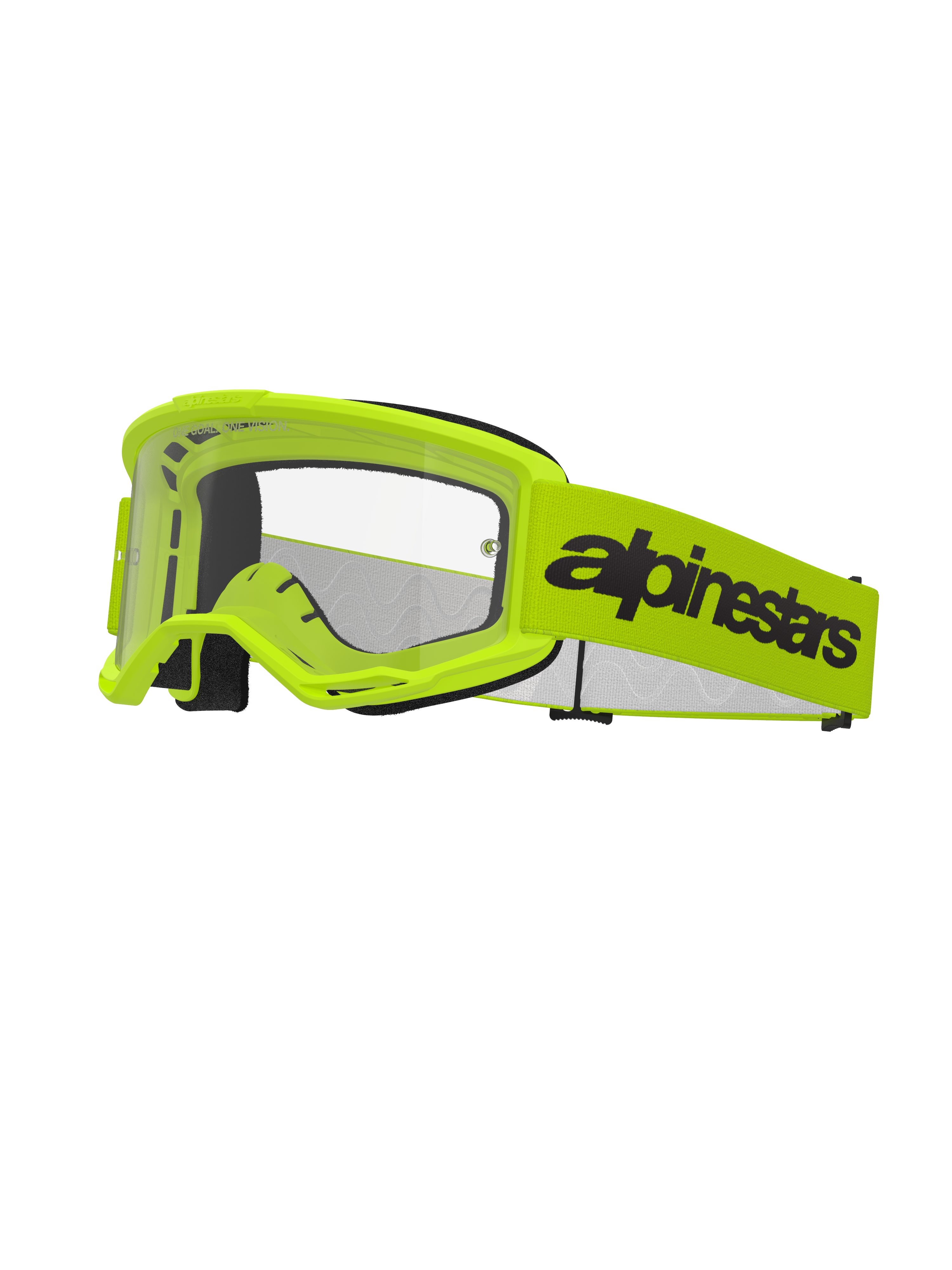 Alpinestars Vision 3 Wordmark crossbril, motorcrossbril, fluorgeel en zwart, heldere lens, brede gele band met opvallend zwart woordmerklogo, zwarte foamvulling, off-road motorcrossbril