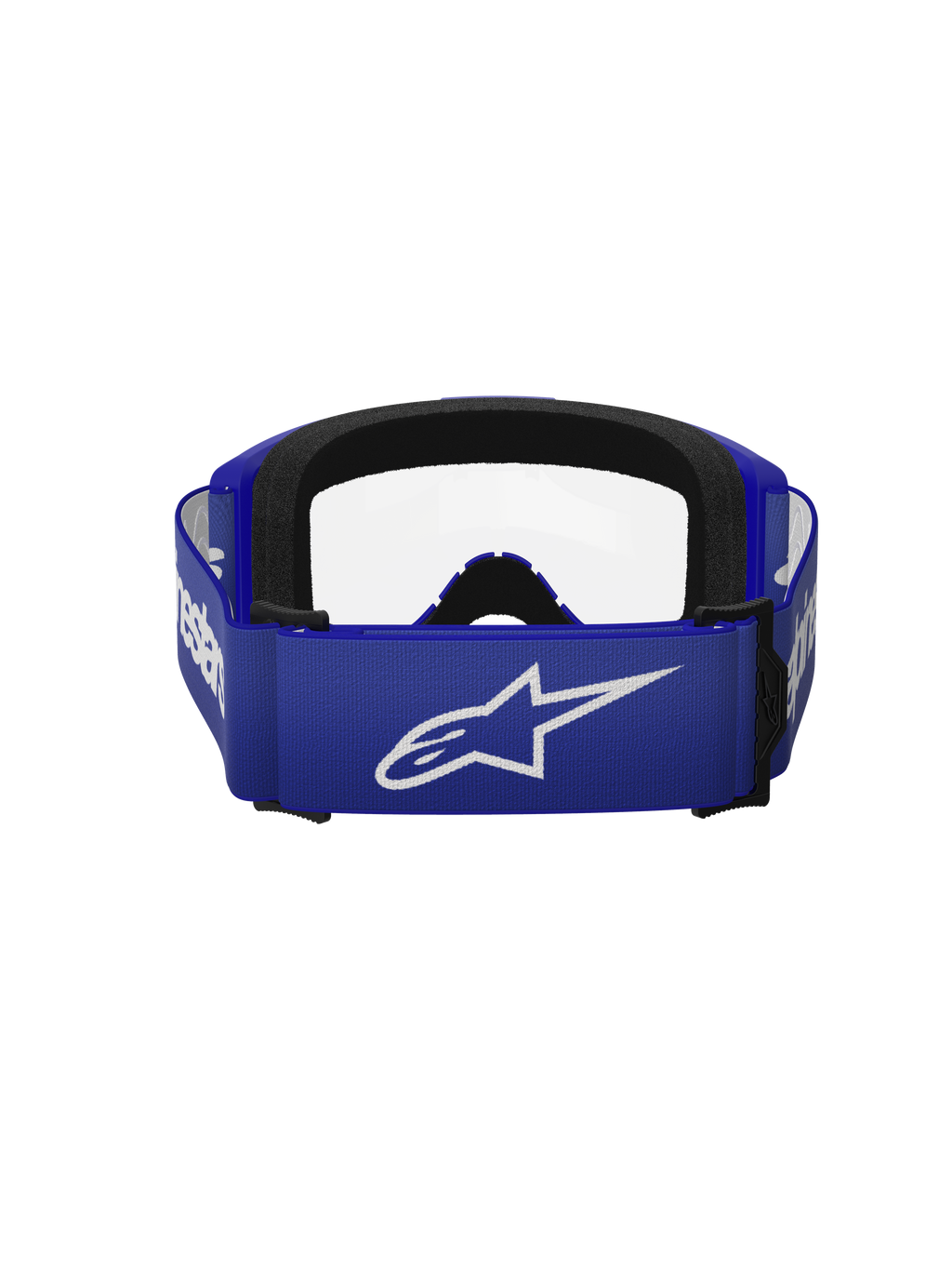 Alpinestars Vision 3 Wordmark Goggles, motorcrossbril, blauw en helder, achteraanzicht met een brede blauwe band met een wit A-star logo, zwarte schuimvulling en heldere lens, ontworpen voor off-road racen