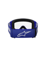 Alpinestars Vision 3 Wordmark Goggles, motorcrossbril, blauw en helder, achteraanzicht met een brede blauwe band met een wit A-star logo, zwarte schuimvulling en heldere lens, ontworpen voor off-road racen