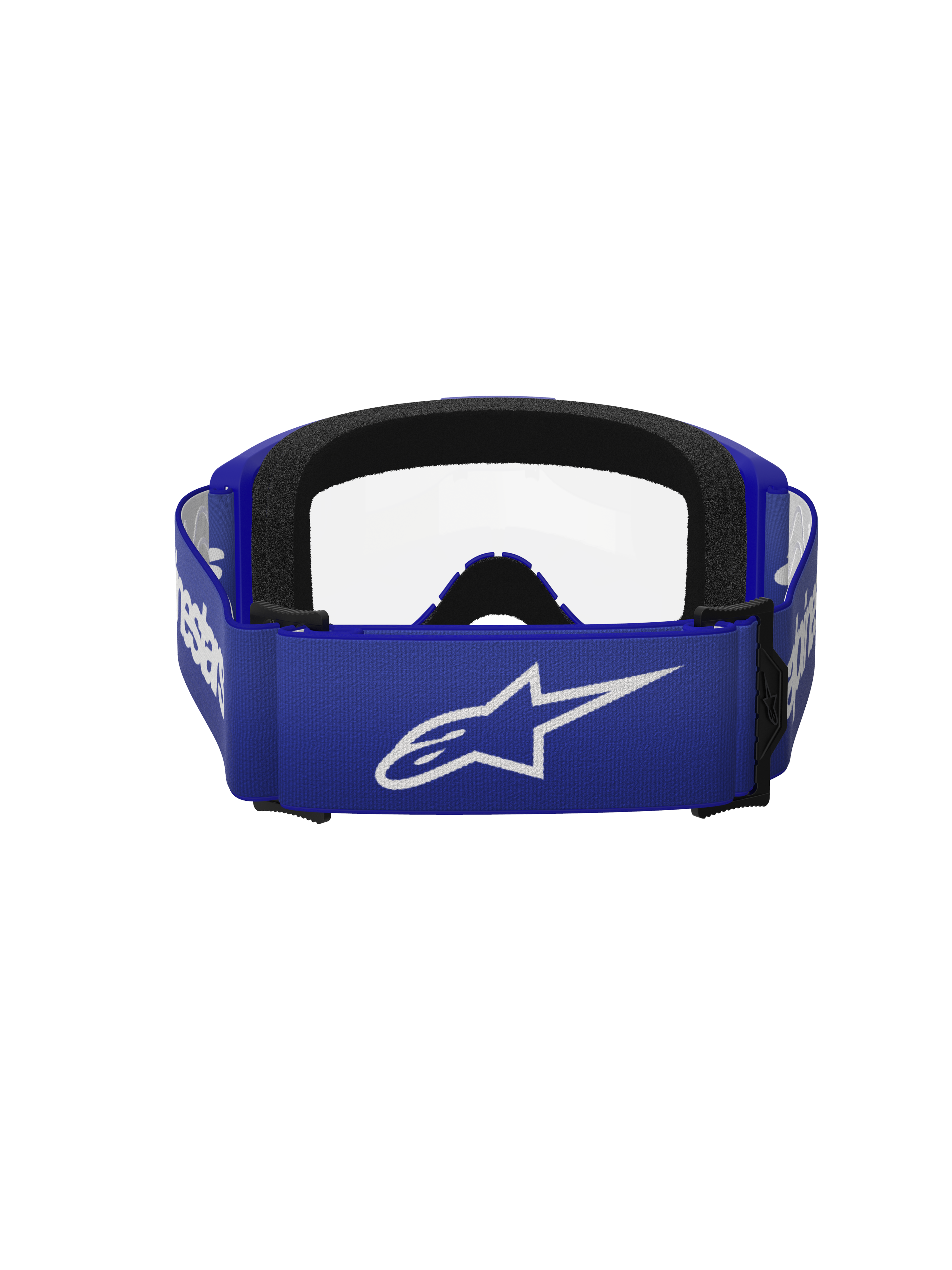 Alpinestars Vision 3 Wordmark Goggles, motorcrossbril, blauw en helder, achteraanzicht met een brede blauwe band met een wit A-star logo, zwarte schuimvulling en heldere lens, ontworpen voor off-road racen
