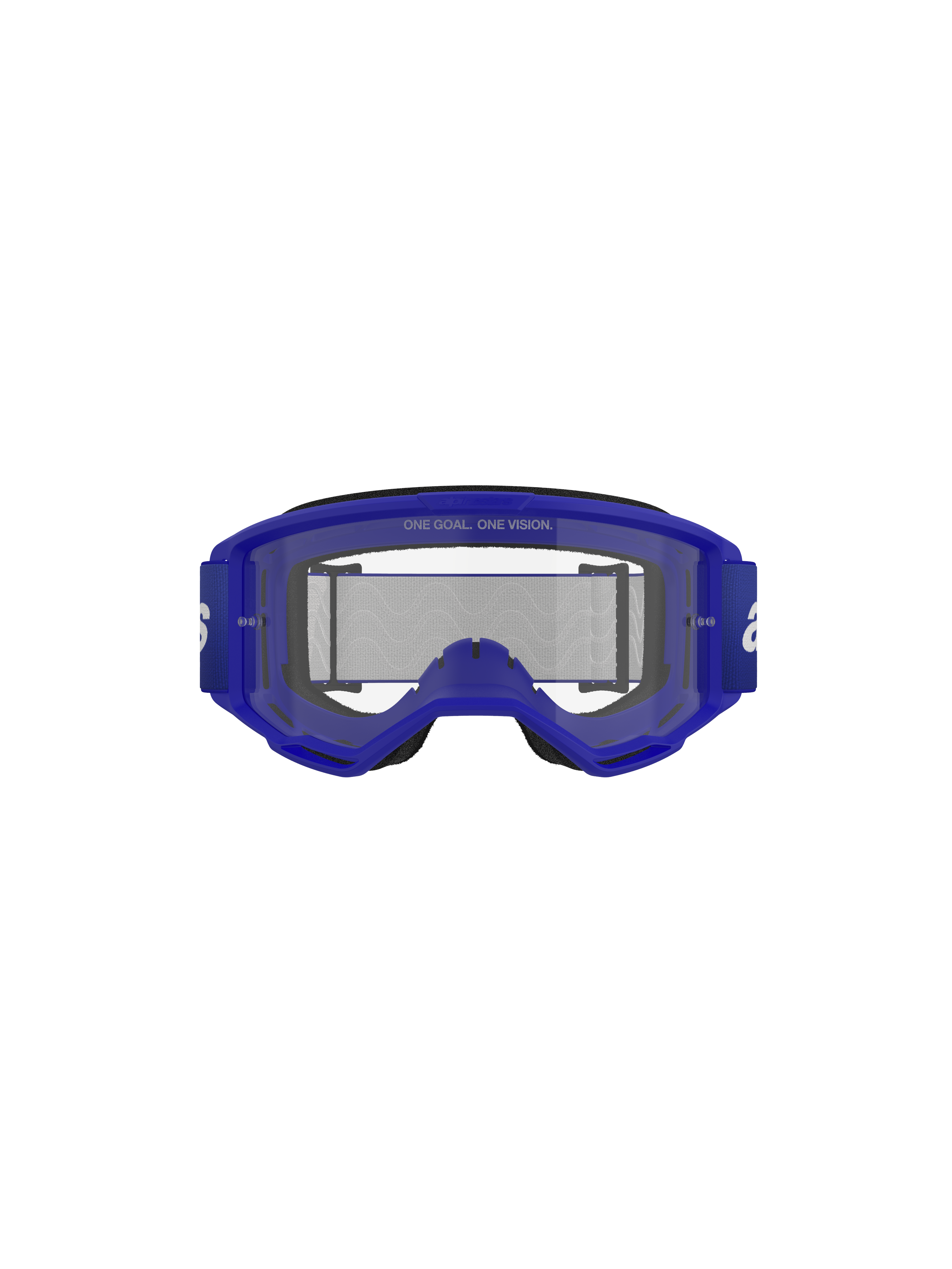 Alpinestars Vision 3 Wordmark Goggles, motorcrossbril, blauw helder, vooraanzicht met blauw A-FLEX frame en heldere anti-condens lens met 'ONE GOAL. ONE VISION.' tekst, brede blauwe band met witte branding
