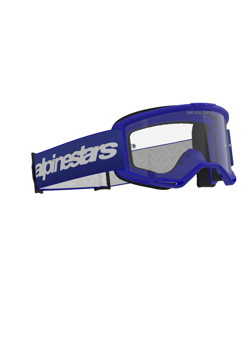 Alpinestars Vision 3 Wordmark Goggles, motorcrossbril, blauw en helder, met een blauw A-FLEX frame, heldere anti-fog polycarbonaat lens en een brede donkerblauwe band met een wit Alpinestars woordmerk logo, duurzame off-road oogbescherming