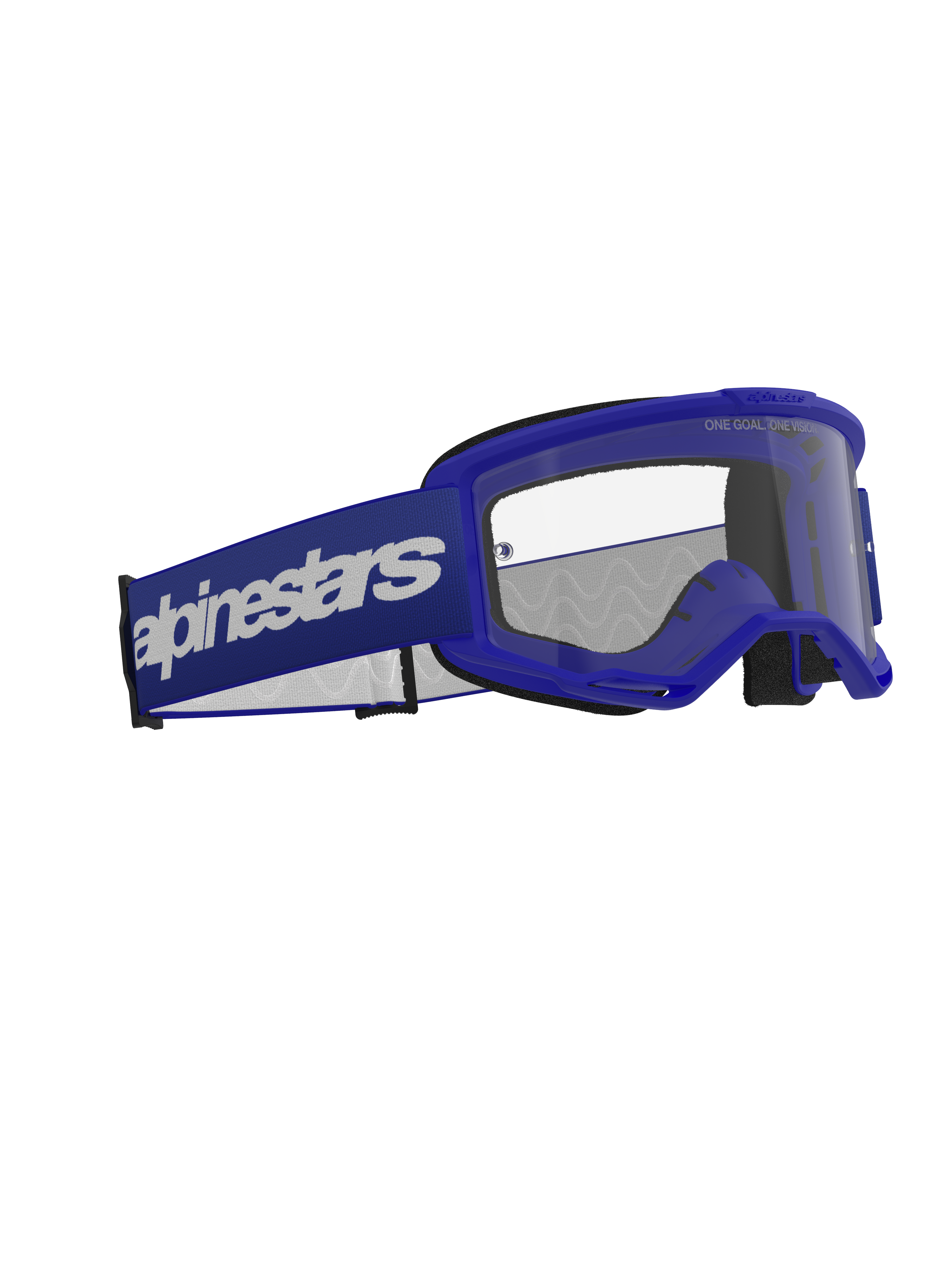 Alpinestars Vision 3 Wordmark Goggles, motorcrossbril, blauw en helder, met een blauw A-FLEX frame, heldere anti-fog polycarbonaat lens en een brede donkerblauwe band met een wit Alpinestars woordmerk logo, duurzame off-road oogbescherming