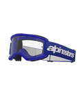 Alpinestars Vision 3 Wordmark crossbril, motorcrossbril, blauw en wit, heldere lens, zwarte schuimvoering, verstelbare blauwe elastische band met wit wordmark-logo, geventileerd frame
