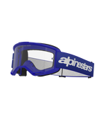 Alpinestars Vision 3 Wordmark crossbril, motorcrossbril, blauw en wit, heldere lens, zwarte schuimvoering, verstelbare blauwe elastische band met wit wordmark-logo, geventileerd frame