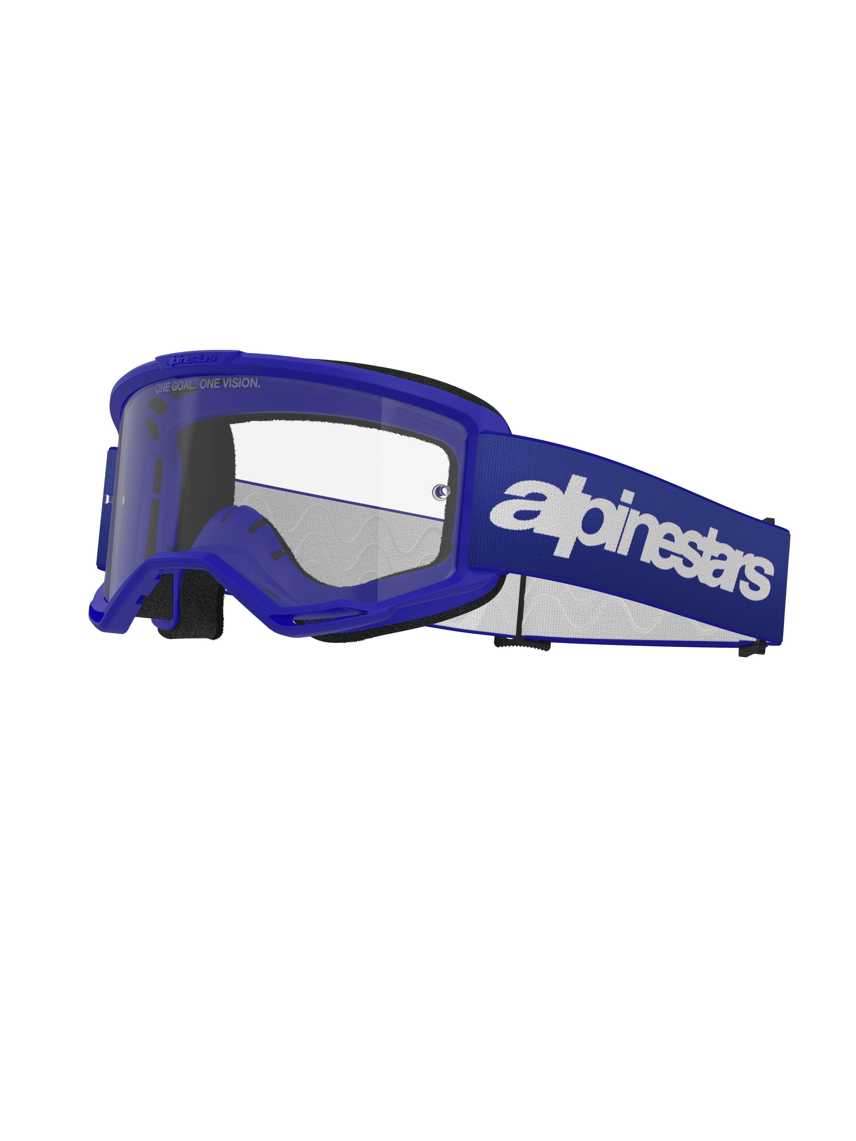 Alpinestars Vision 3 Wordmark crossbril, motorcrossbril, blauw en wit, heldere lens, zwarte schuimvoering, verstelbare blauwe elastische band met wit wordmark-logo, geventileerd frame