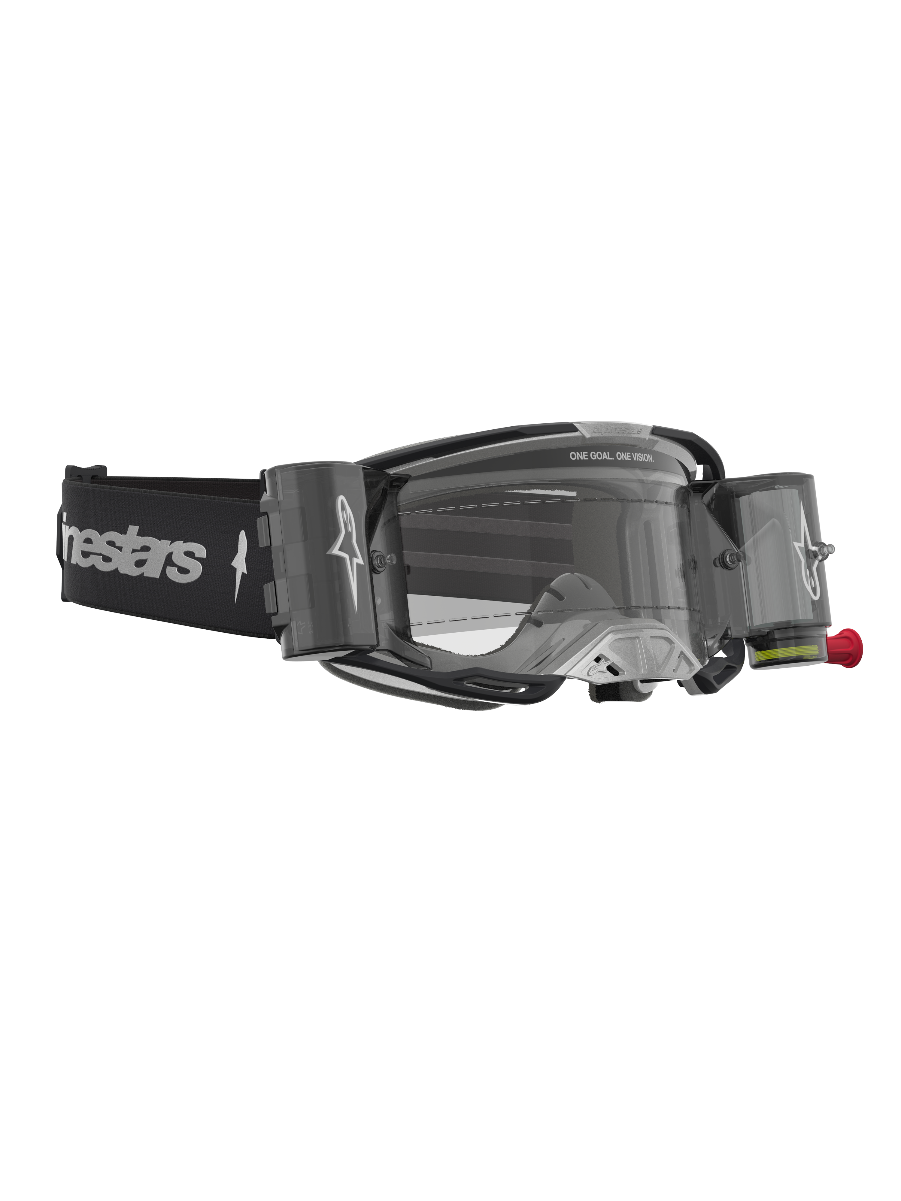 Alpinestars Vision 8 Amber Roll Off Goggles, black and silver motocross goggles with clear lens and roll-off canisters.