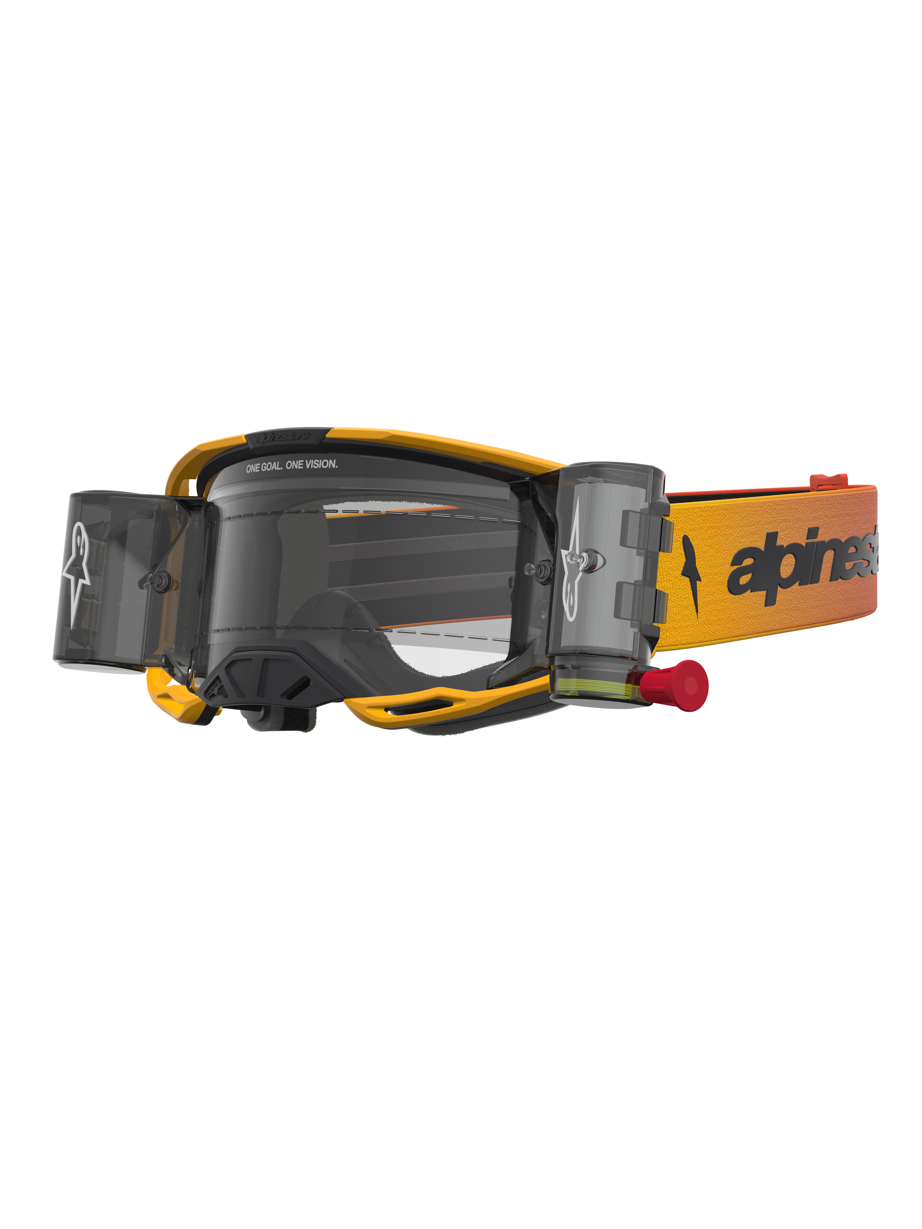 Alpinestars Vision 8 Amber Roll Off veiligheidsbril voor motocross, geel en zwart met roll-off systeem en heldere lens.