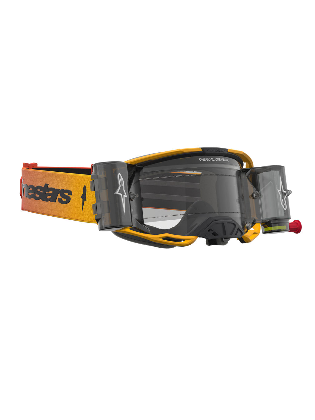 Alpinestars Vision 8 Amber Roll Off veiligheidsbril, geel en zwarte motocrossbril met heldere lens en roll-off systeem.