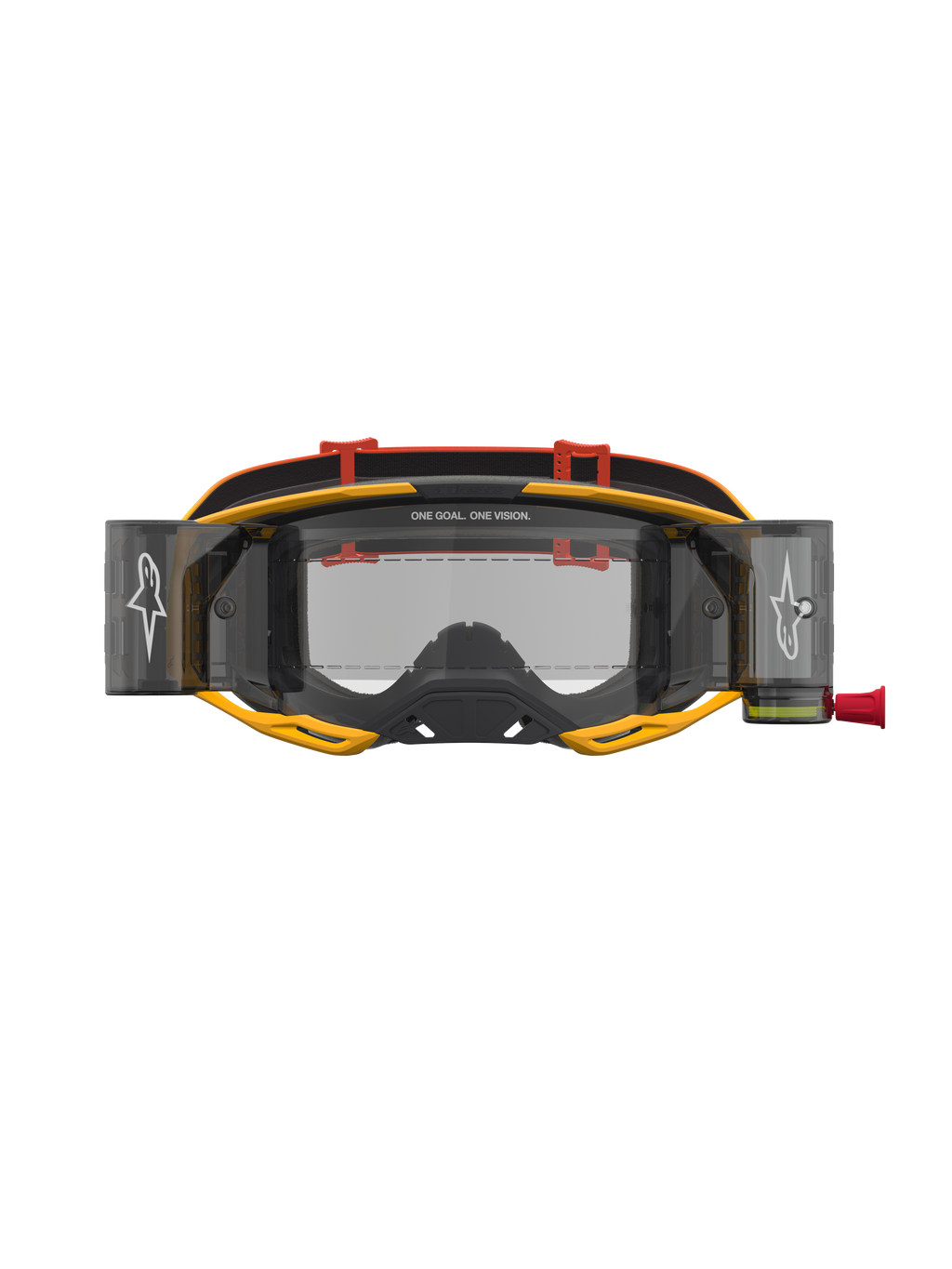 Alpinestars Vision 8 Amber Roll Off veiligheidsbril, motocrossbril voor off-road racing, geel, rood en zwart, heldere lens met geïntegreerd roll-off systeem.