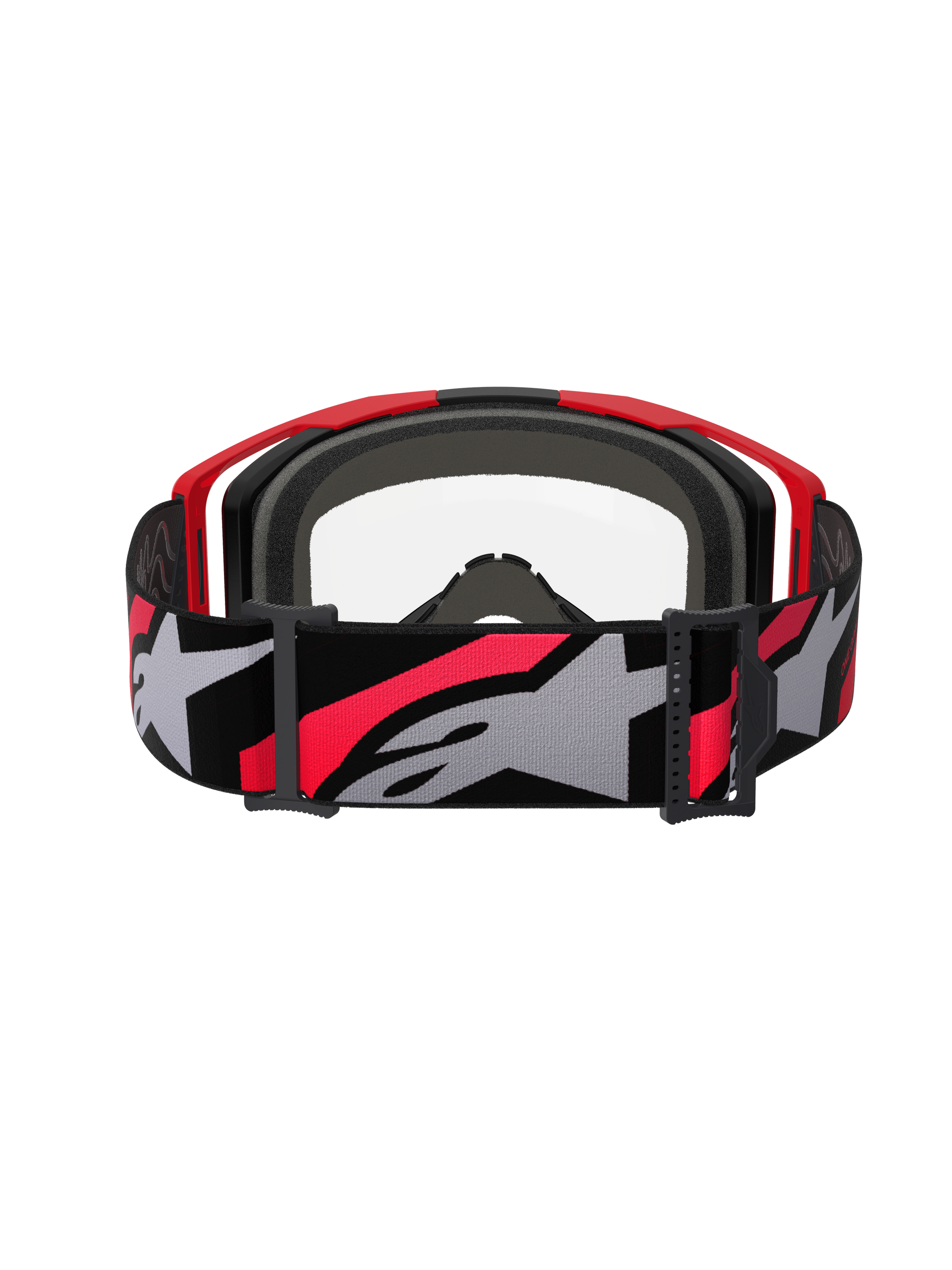 Alpinestars Vision 8 Luar Goggles, motorcrossbril, rood, zwart en helder, achteraanzicht met een brede geweven band met opvallend sterlogo, meerlaags gezichtsschuim en lichtgewicht A-FLEX frame-ontwerp