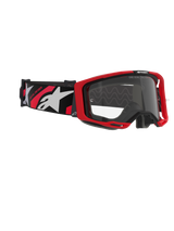 Alpinestars Vision 8 Luar Goggles, motorcrossbril, rood, zwart en helder, met een rood frame, heldere anti-condens lens en een zwarte band met witte en rode logo's, professionele oogbescherming voor off-road rijden