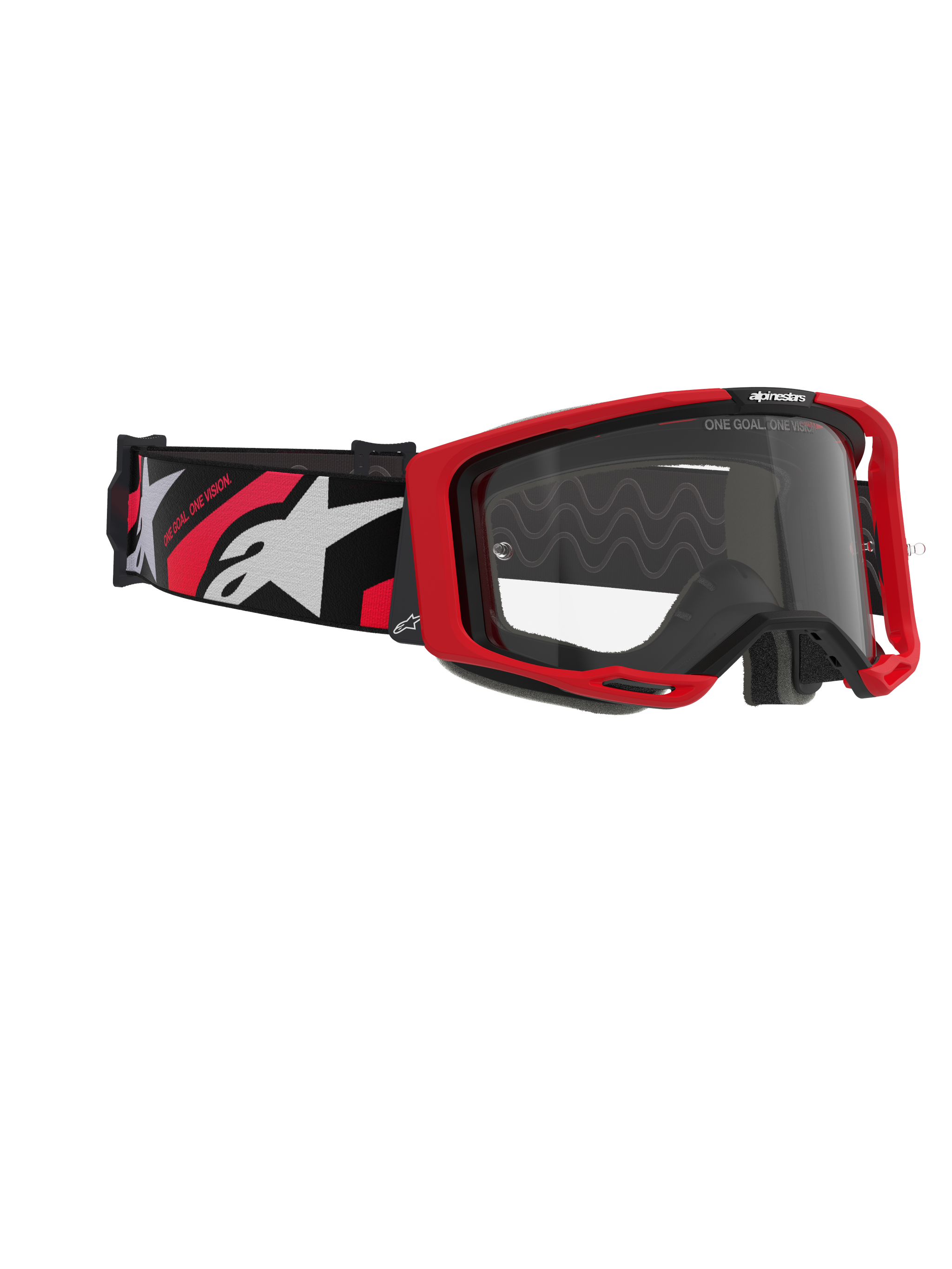 Alpinestars Vision 8 Luar Goggles, motorcrossbril, rood, zwart en helder, met een rood frame, heldere anti-condens lens en een zwarte band met witte en rode logo's, professionele oogbescherming voor off-road rijden